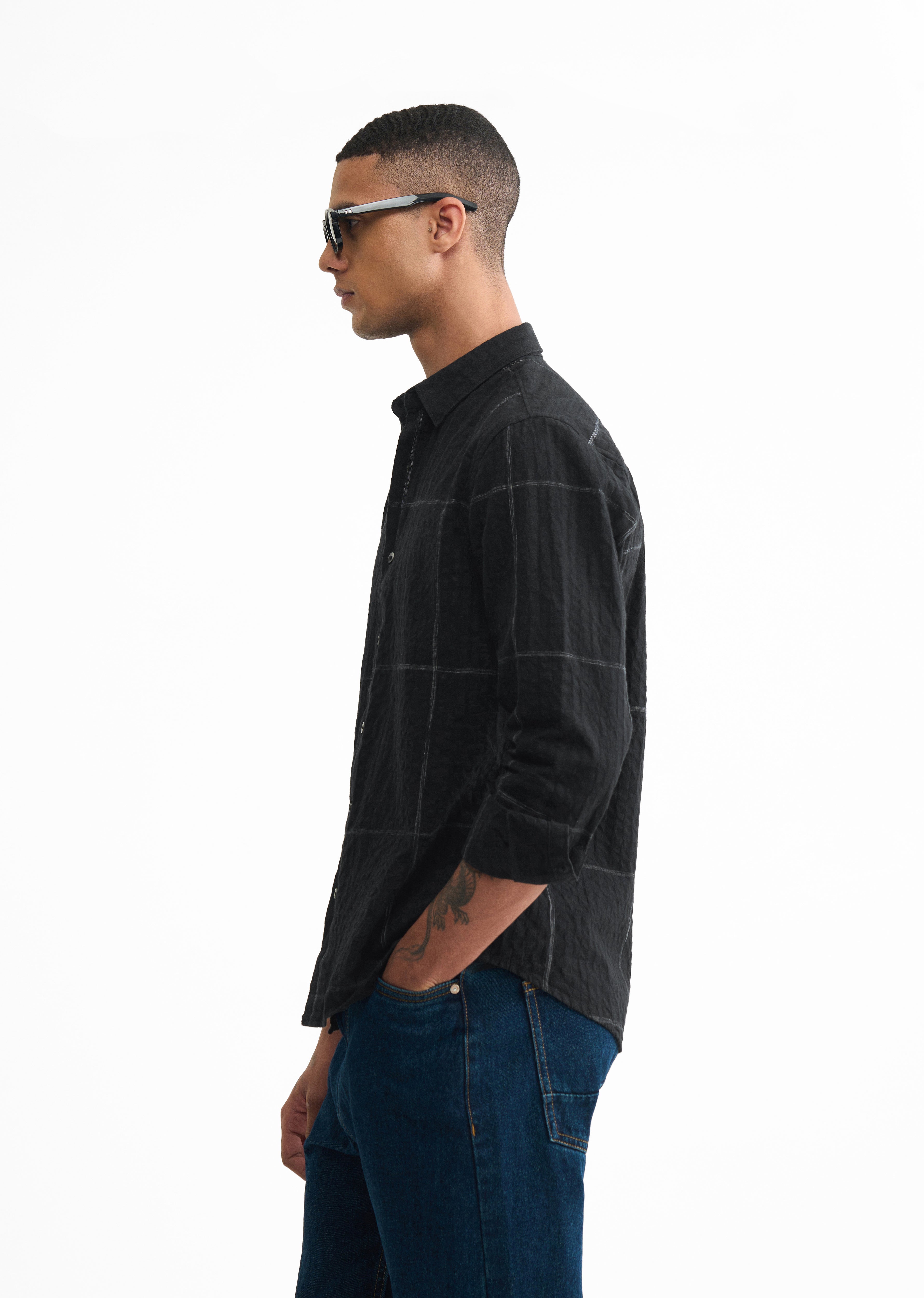 Black Self Check Cotton Shirt