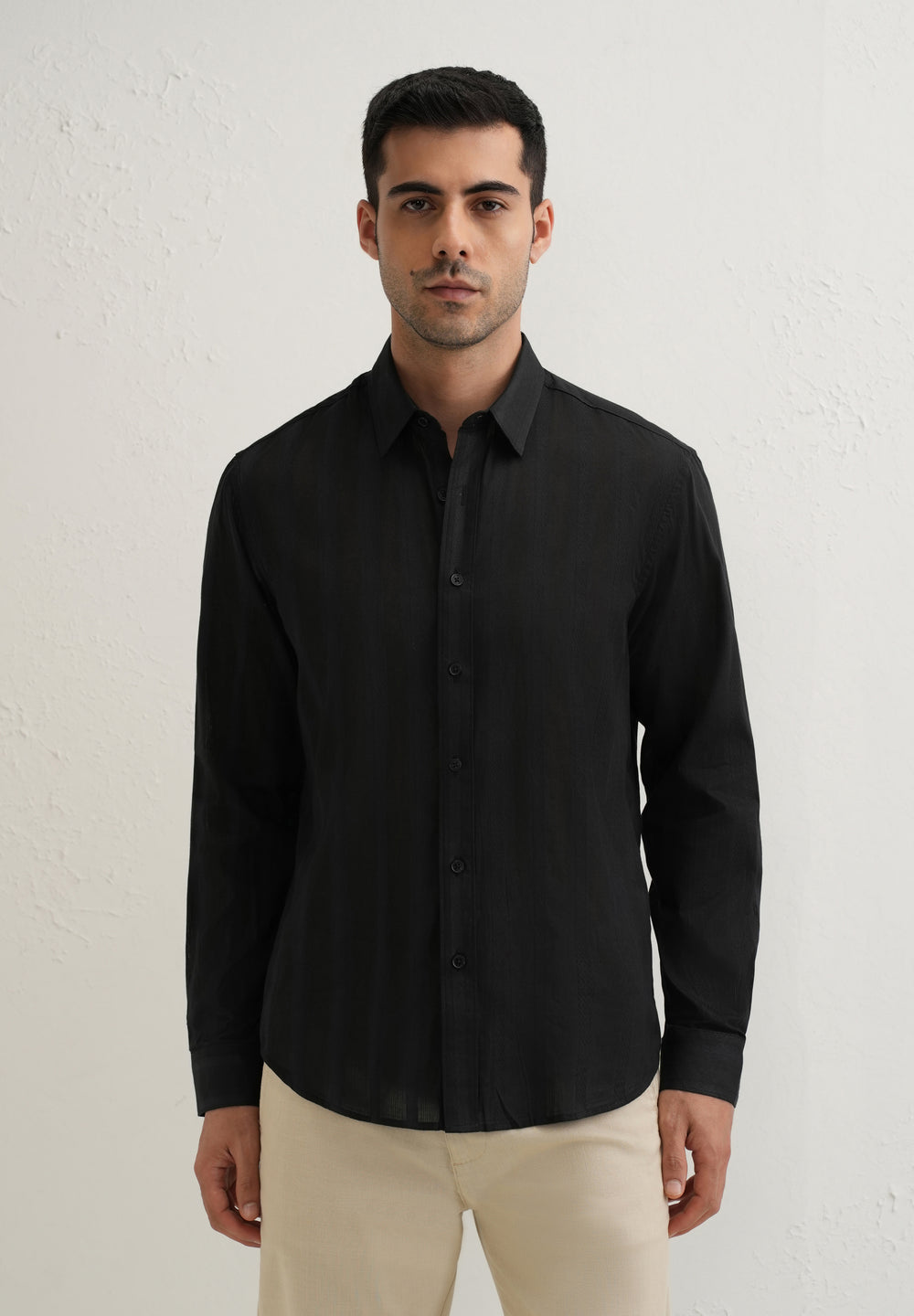 Black Self Pattern Blended Cotton Shirt