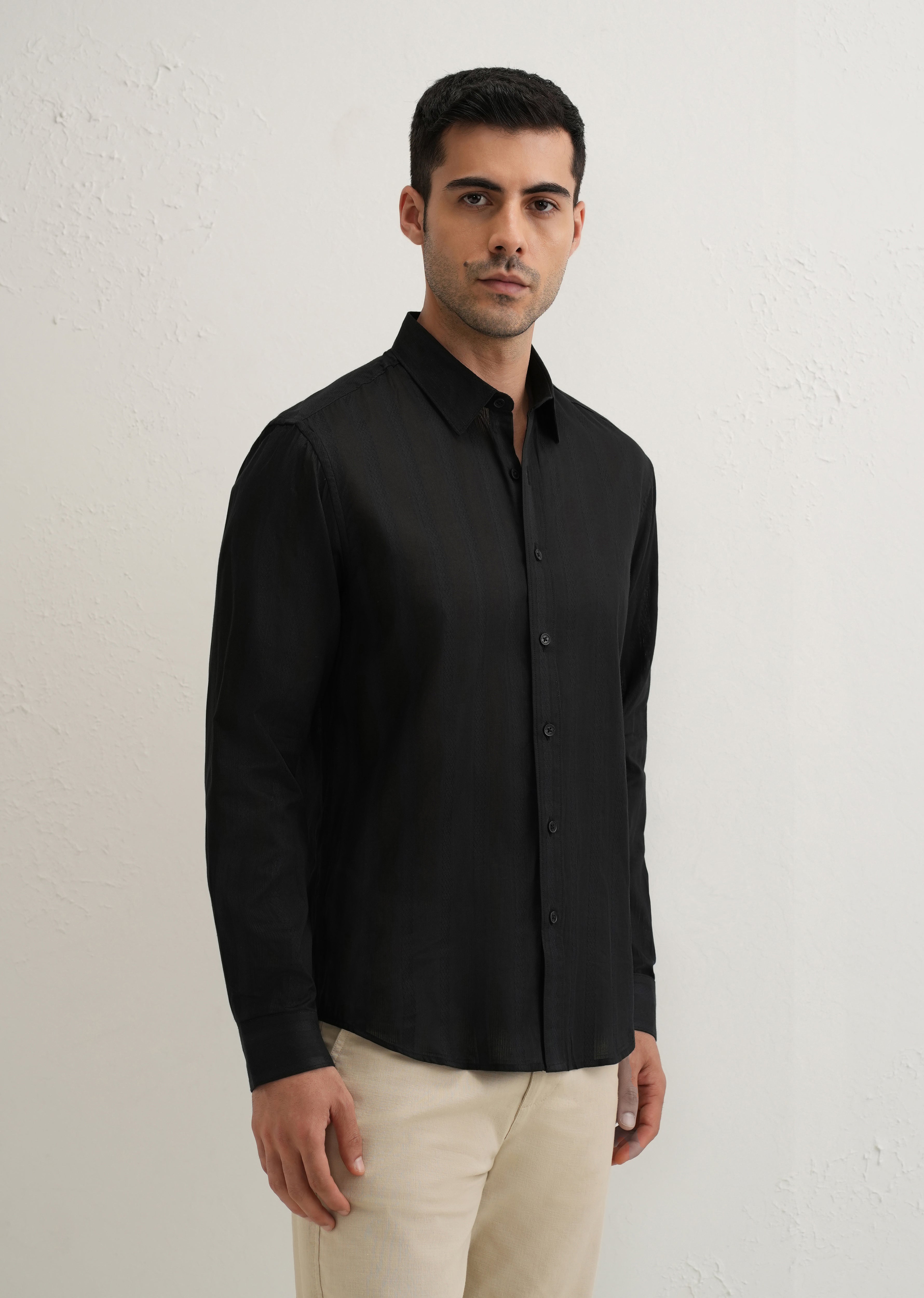 Black Self Pattern Blended Cotton Shirt