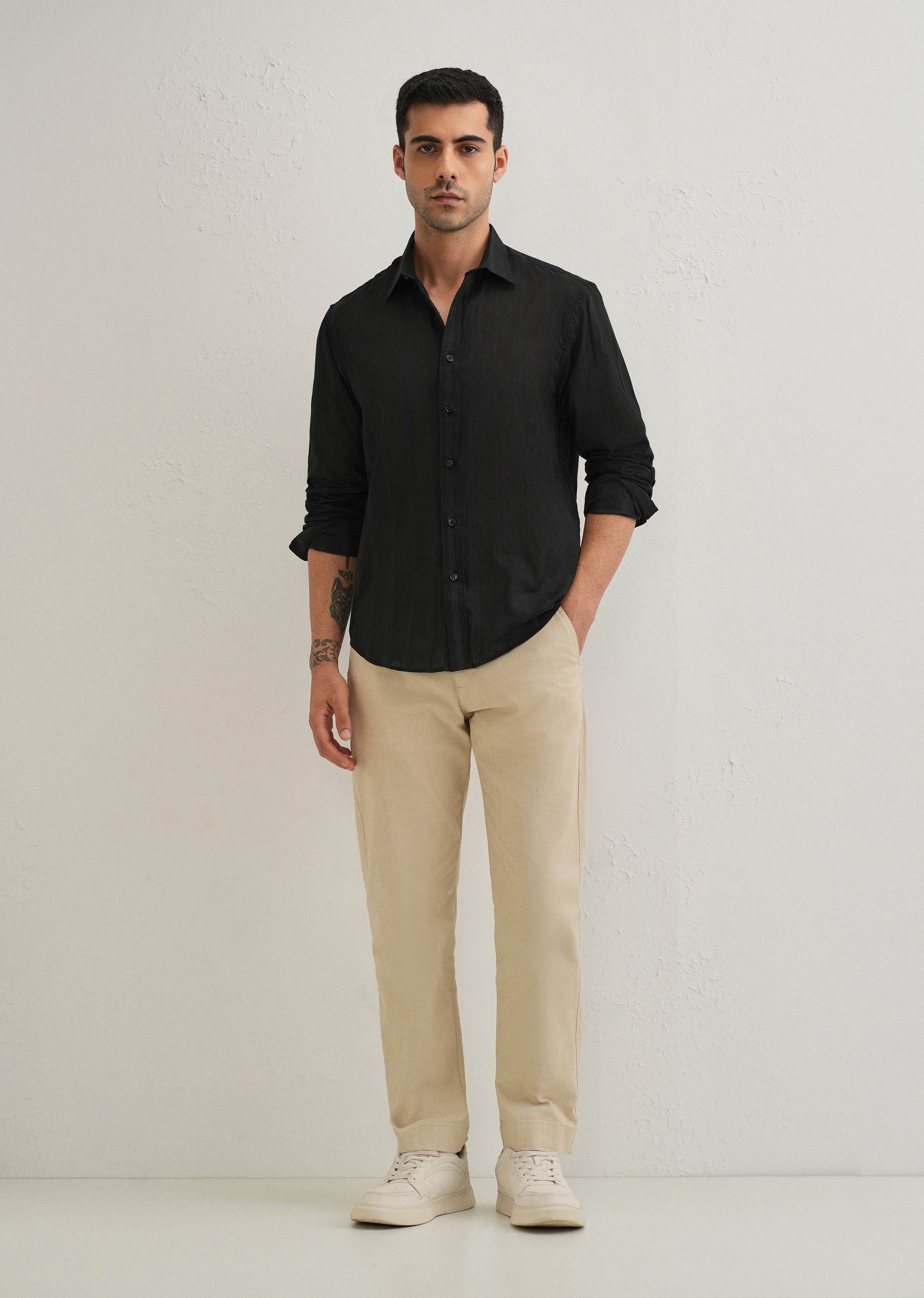 Black Self Pattern Blended Cotton Shirt