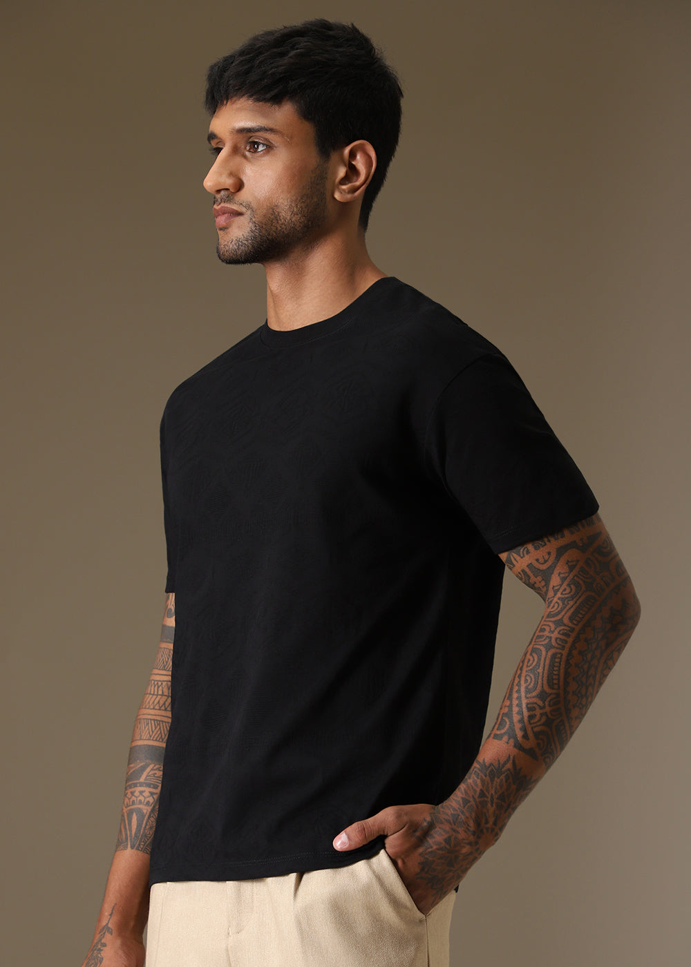 Black Self Pattern Regular T-Shirt