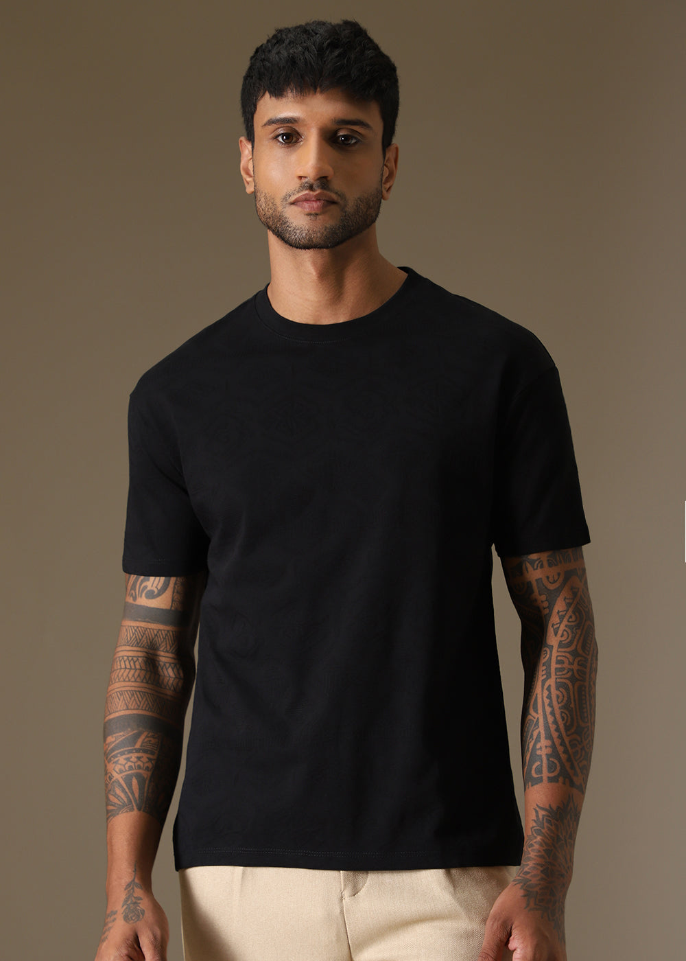 Black Self Pattern Regular T-Shirt