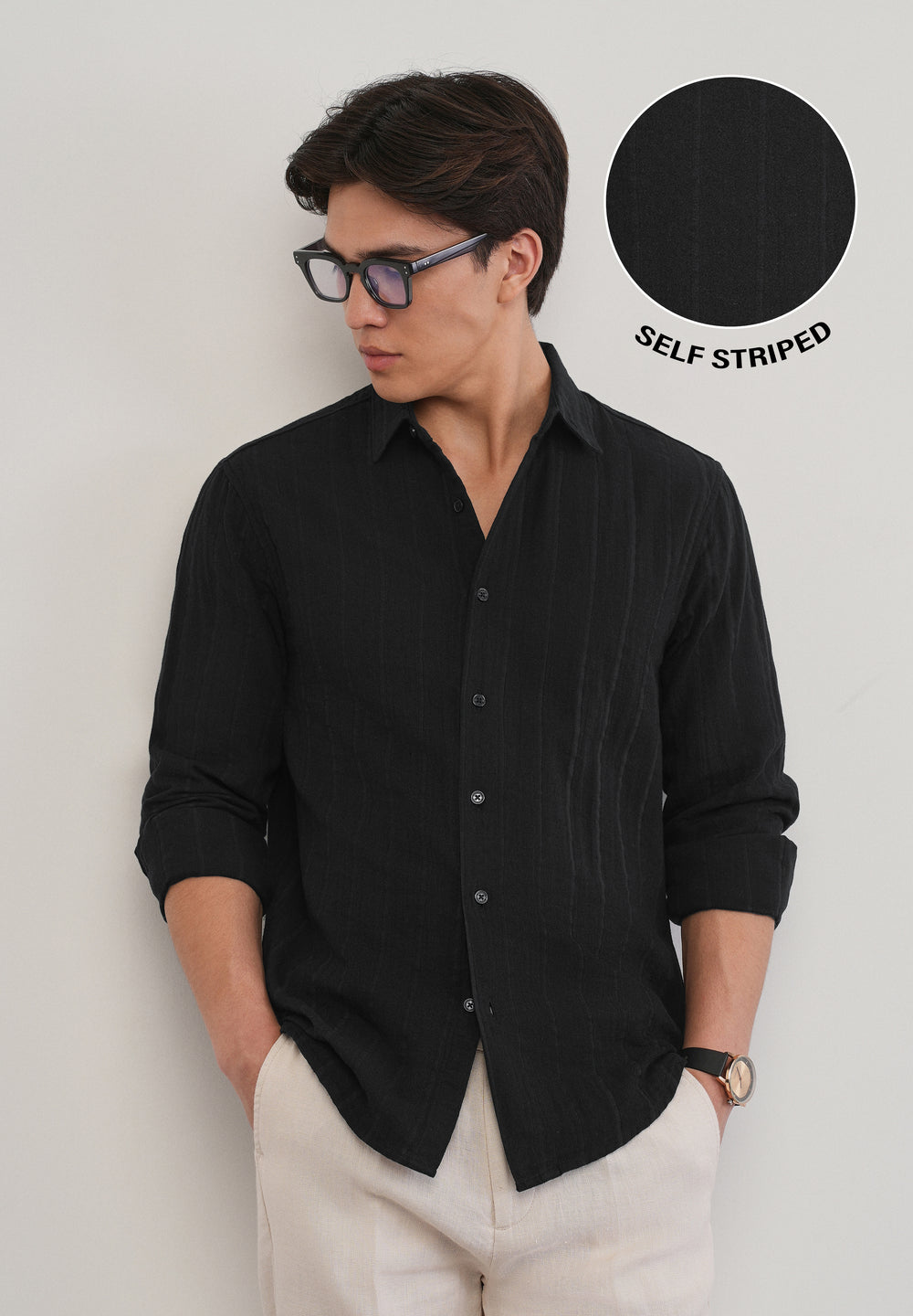 Black Self Striped Cotton Shirt