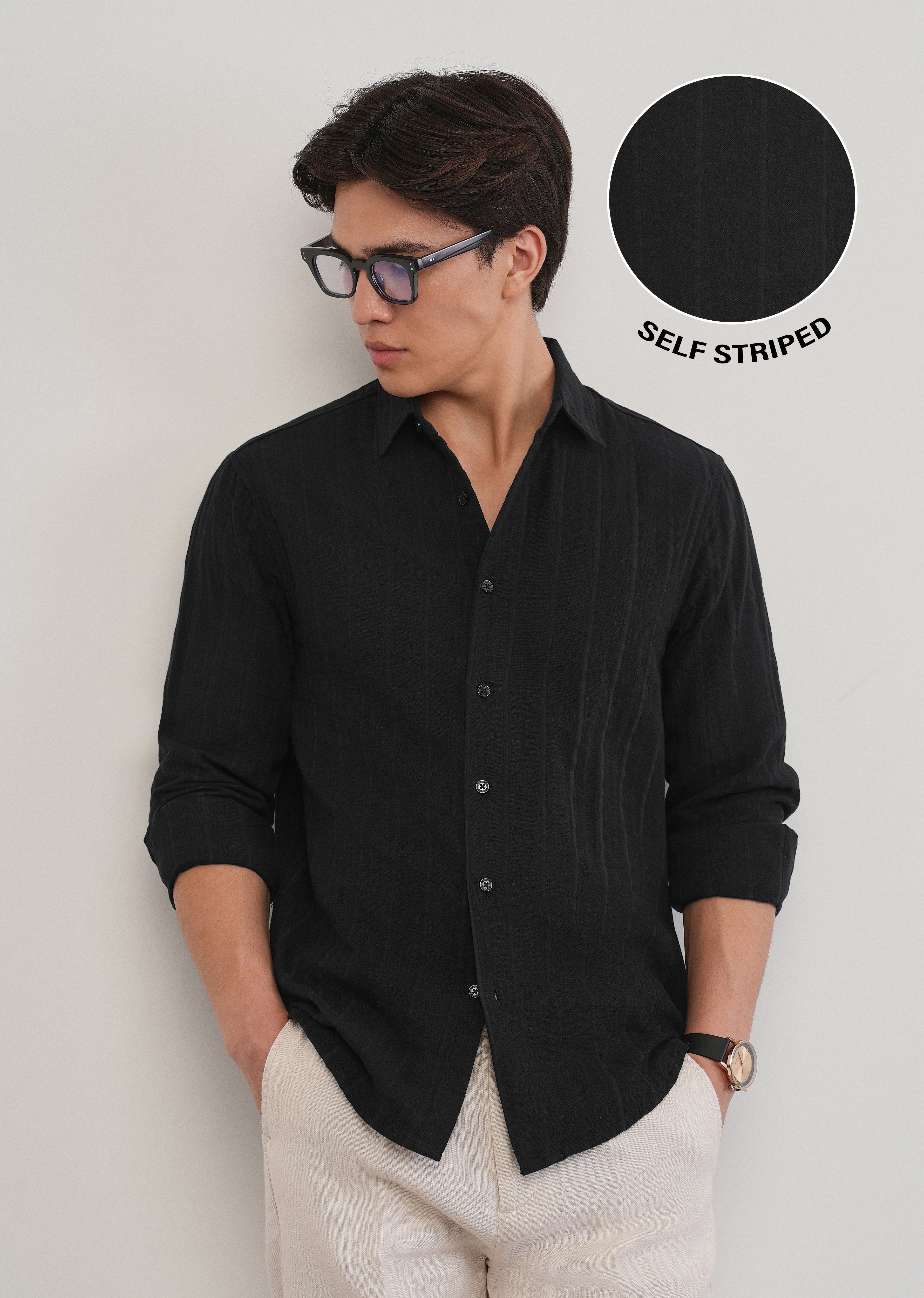 Black Self Striped Cotton Shirt