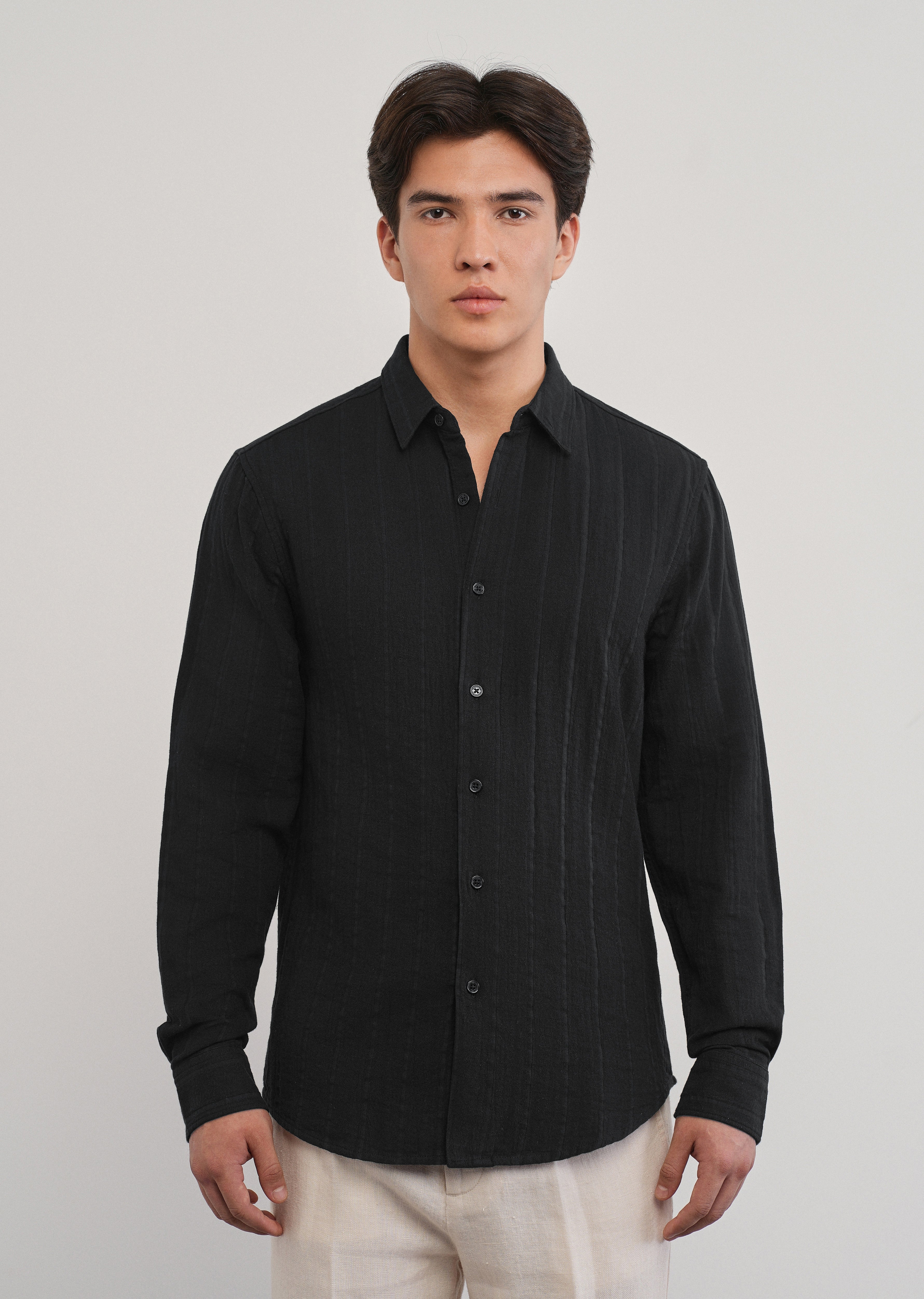 Black Self Striped Cotton Shirt