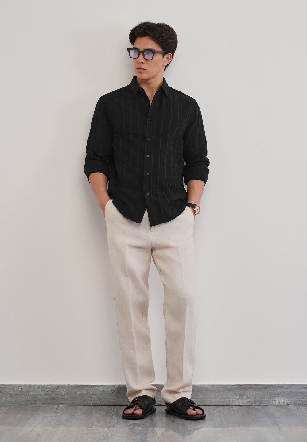 Black Self Striped Cotton Shirt