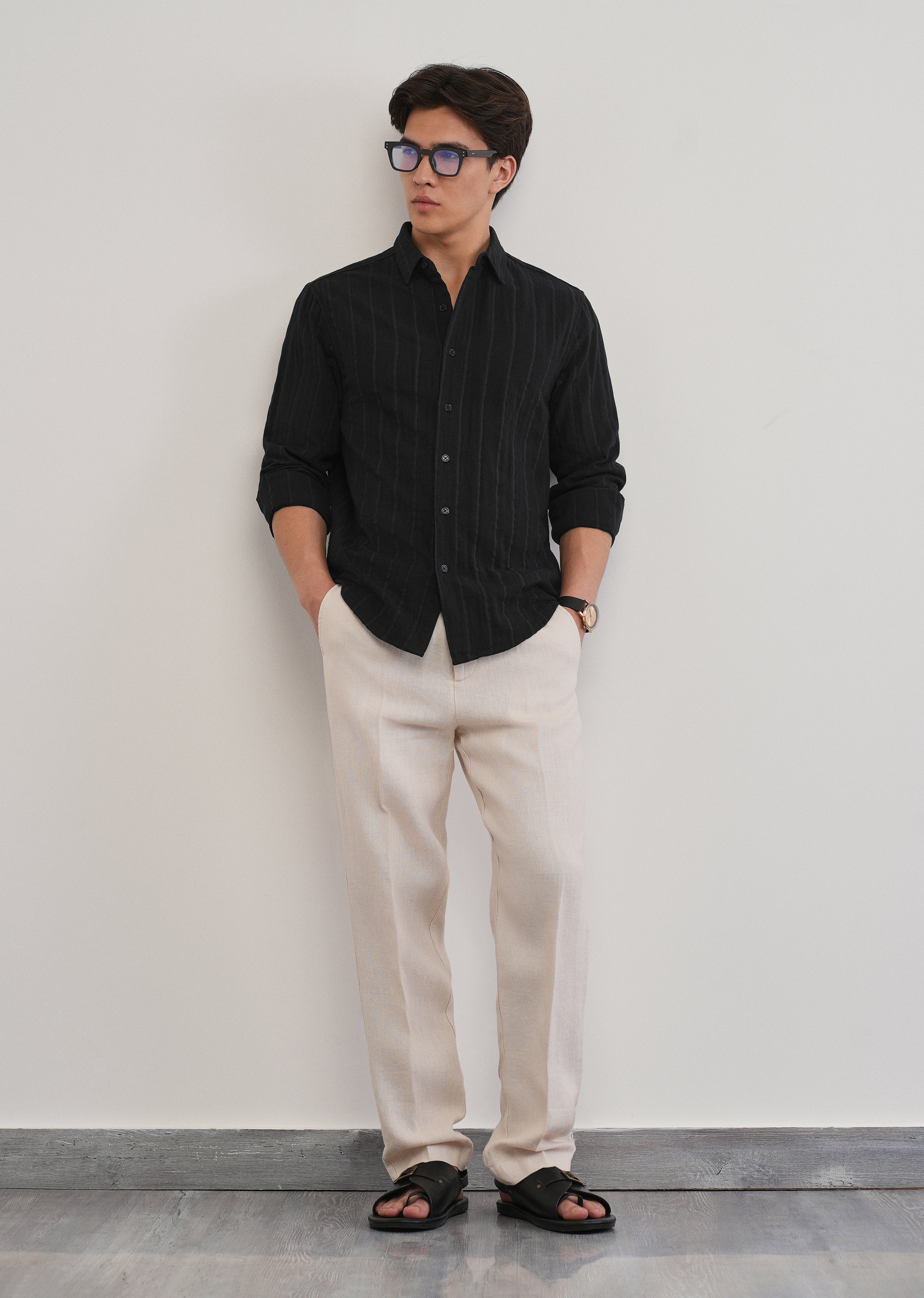 Black Self Striped Cotton Shirt