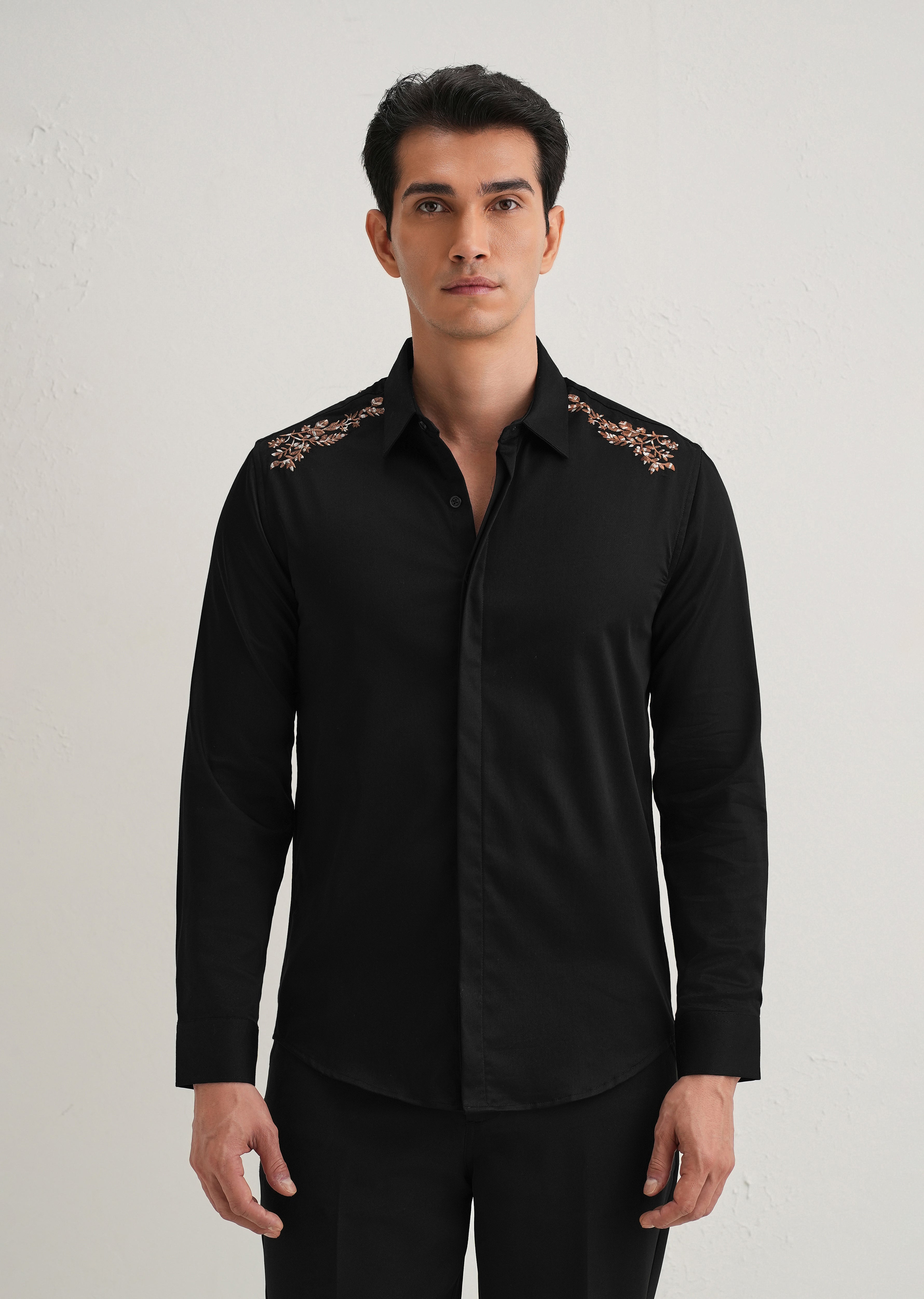 Black Shoulder Embroidery Designer Shirt