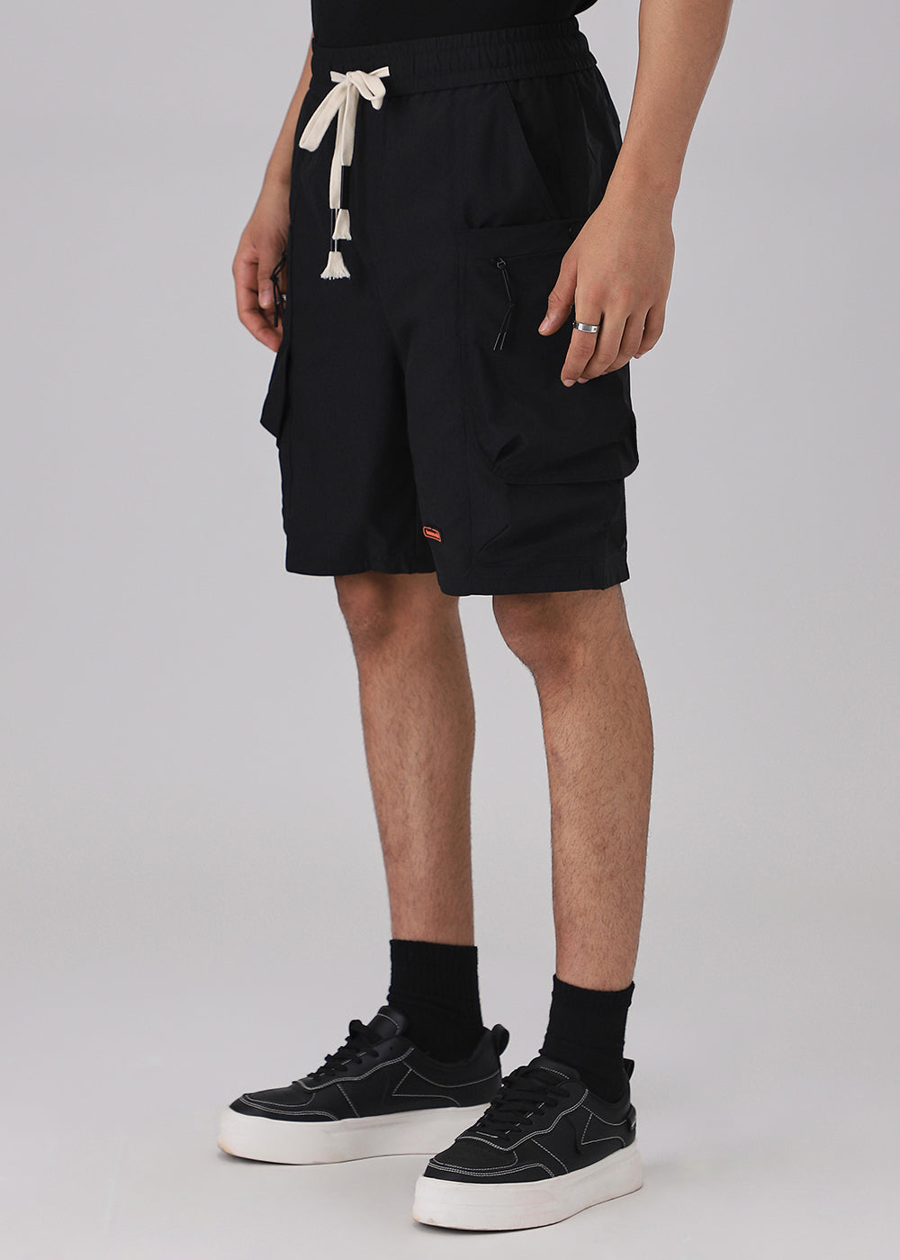 Black Snap Button Cargo Shorts