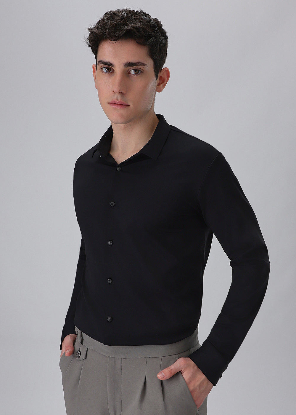 Black Plain Stitchless Stretch Shirt