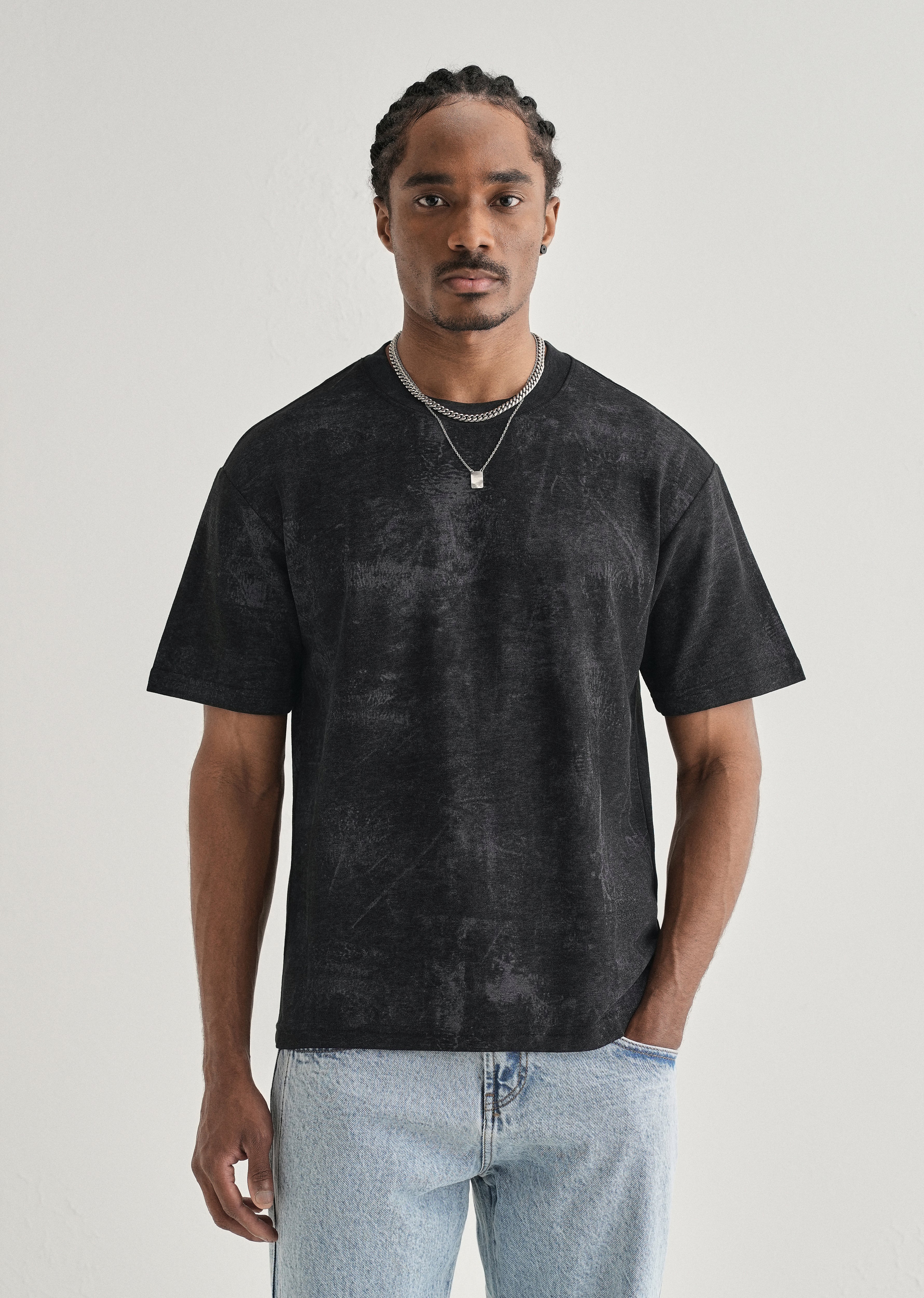 Black Stone Wash Textured Oversized T-shirt