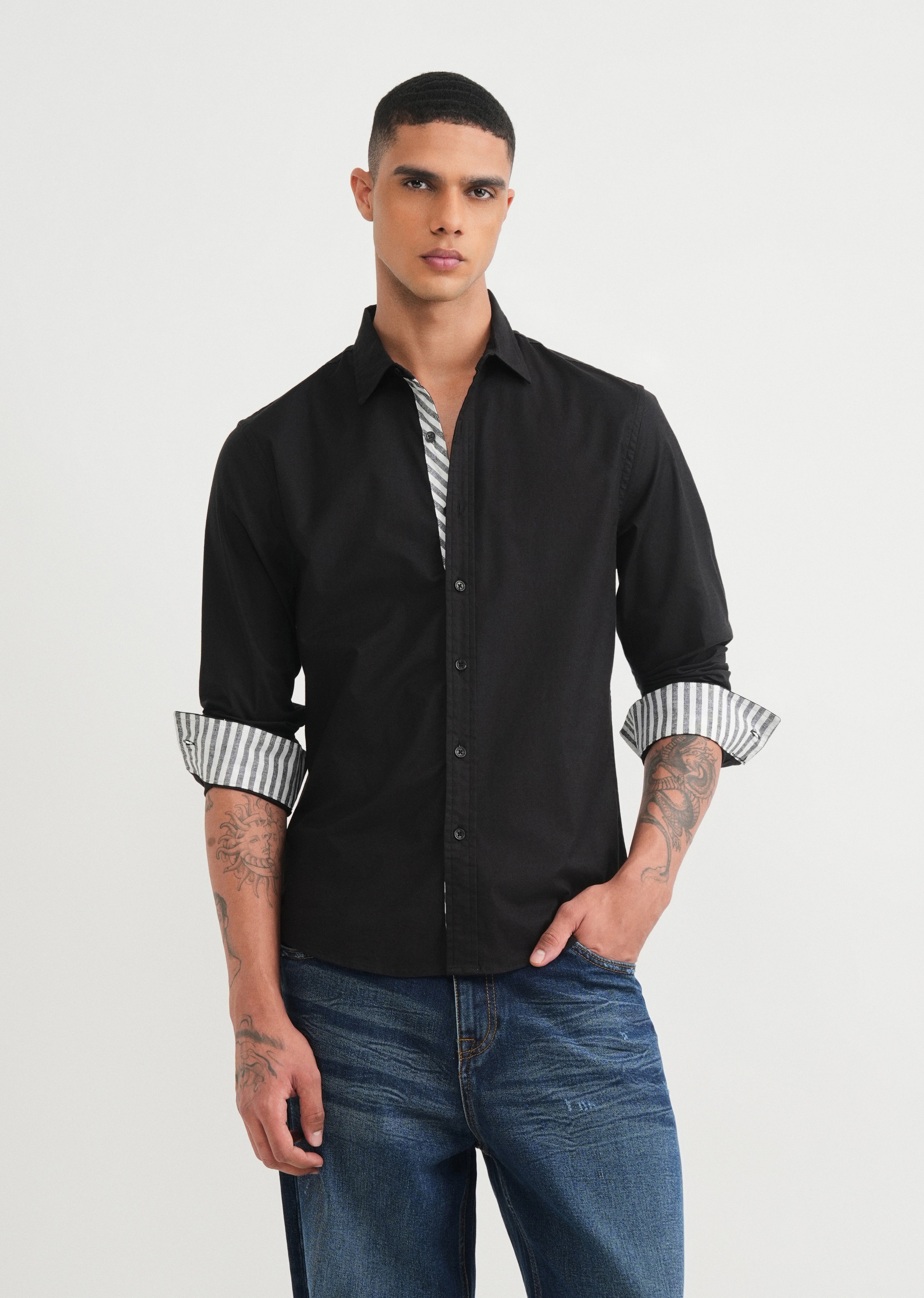 Black Striped Placket Cotton Shirt