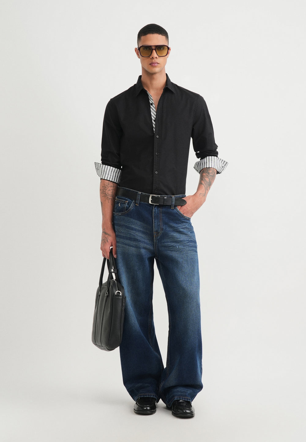 Black Striped Placket Cotton Shirt