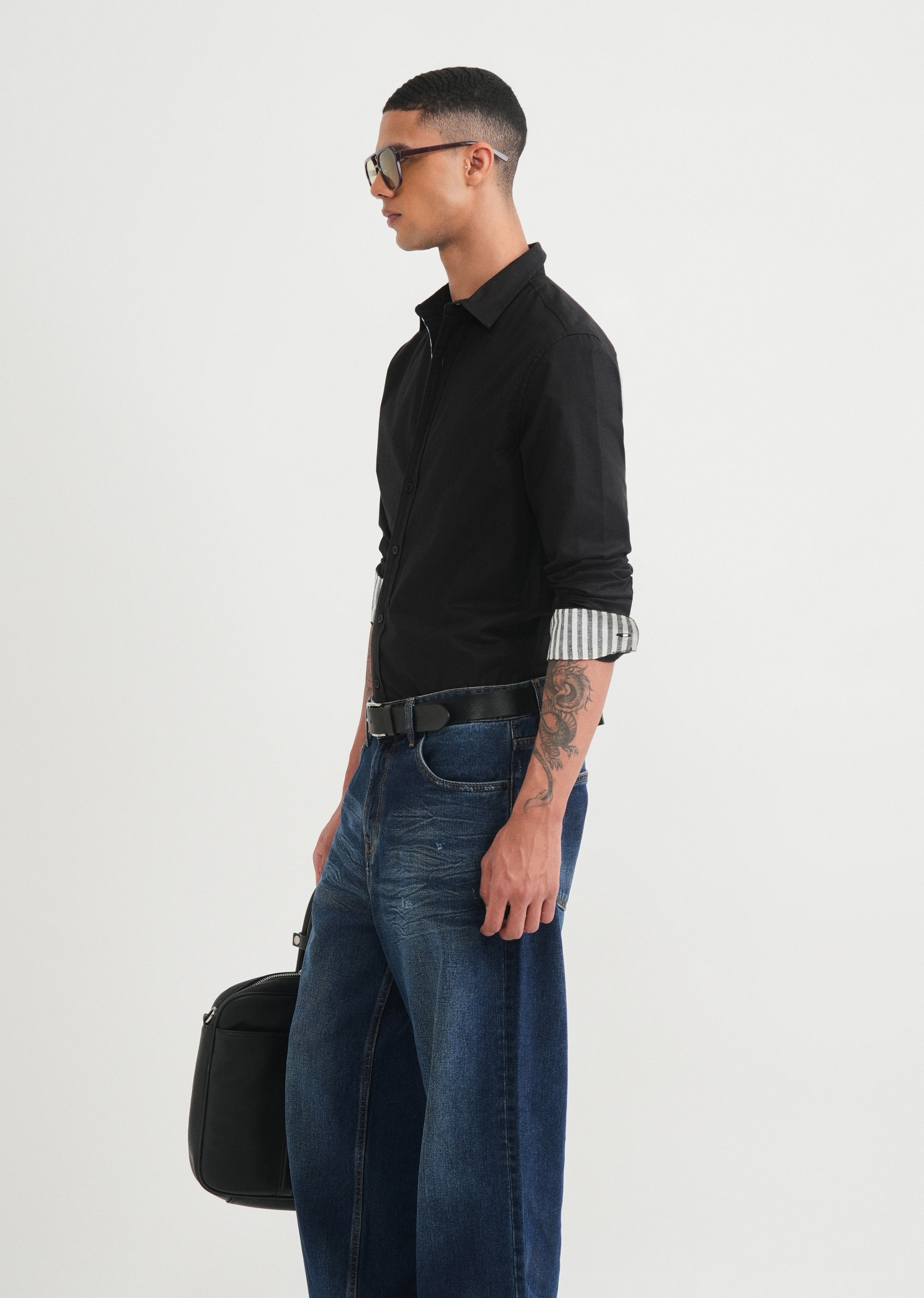 Black Striped Placket Cotton Shirt