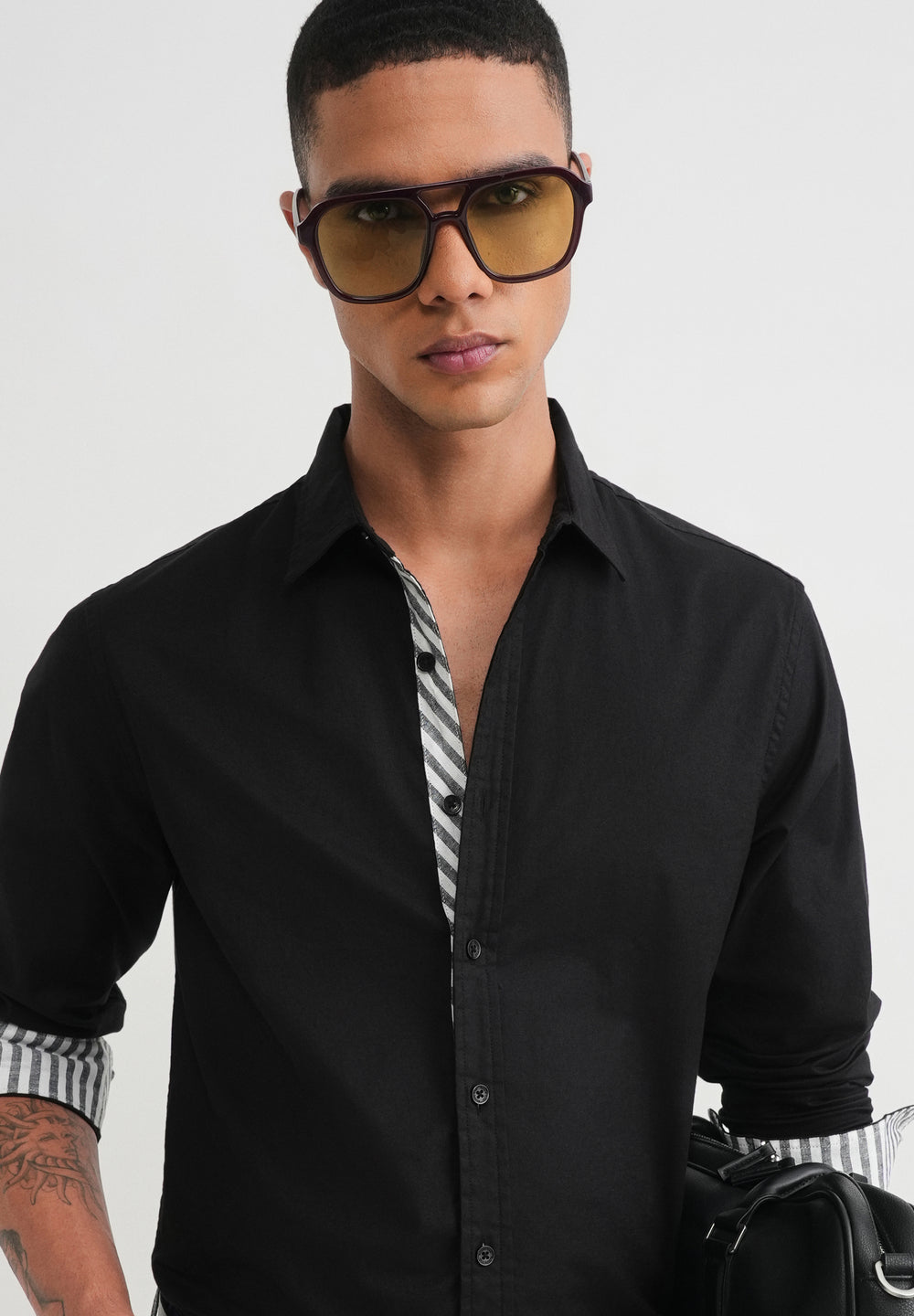 Black Striped Placket Cotton Shirt