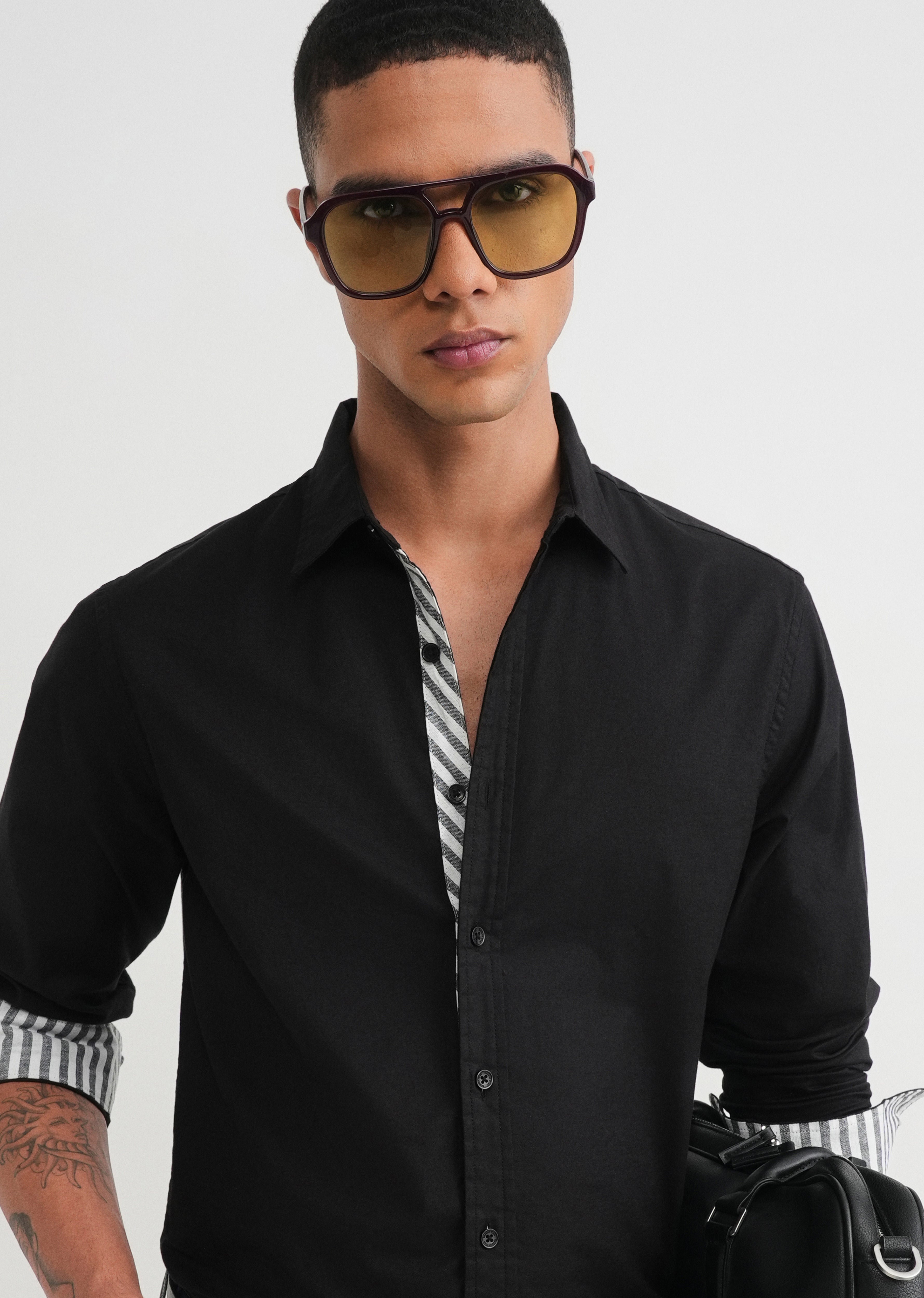 Black Striped Placket Cotton Shirt