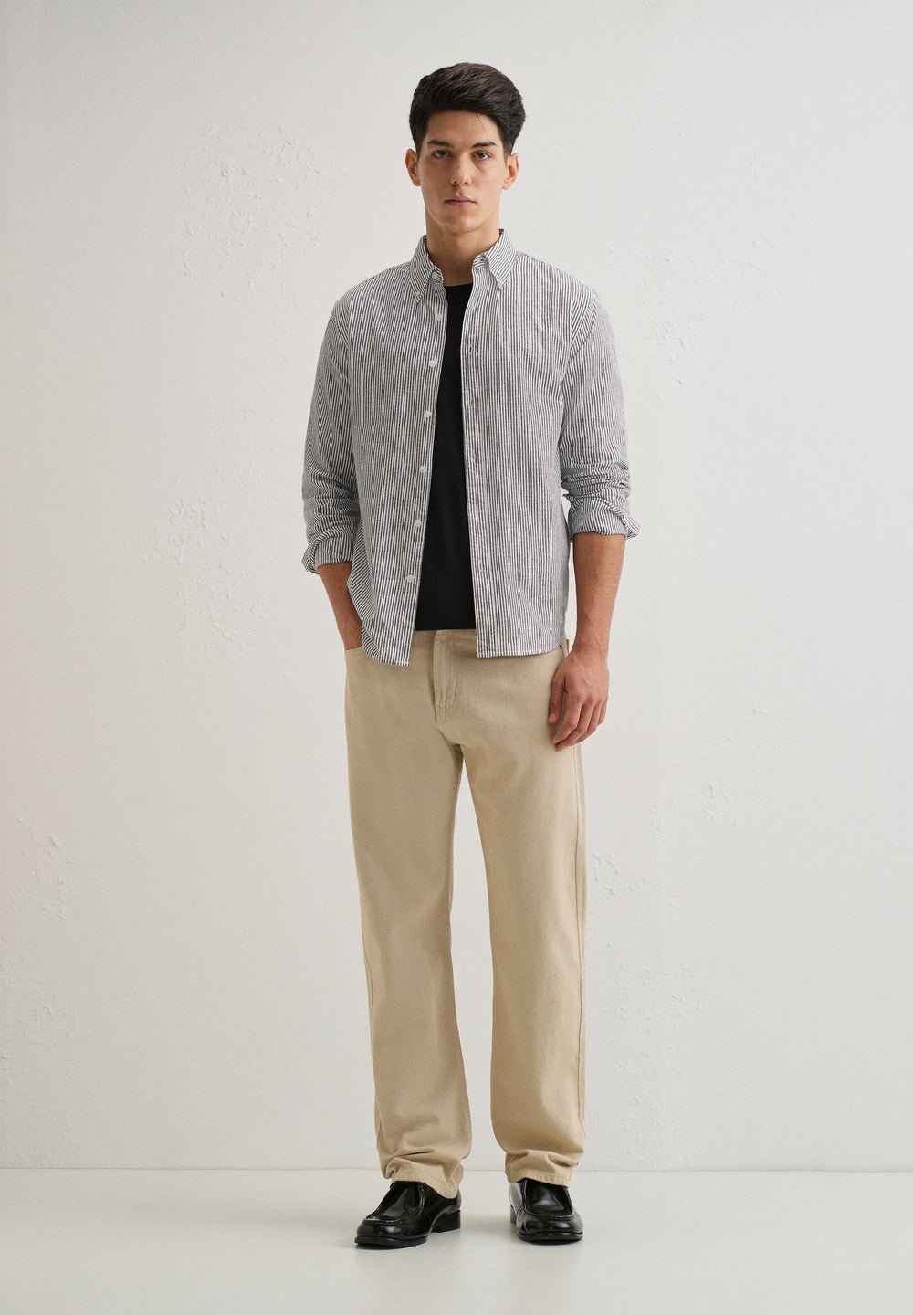 Black Striped Cotton Linen Shirt