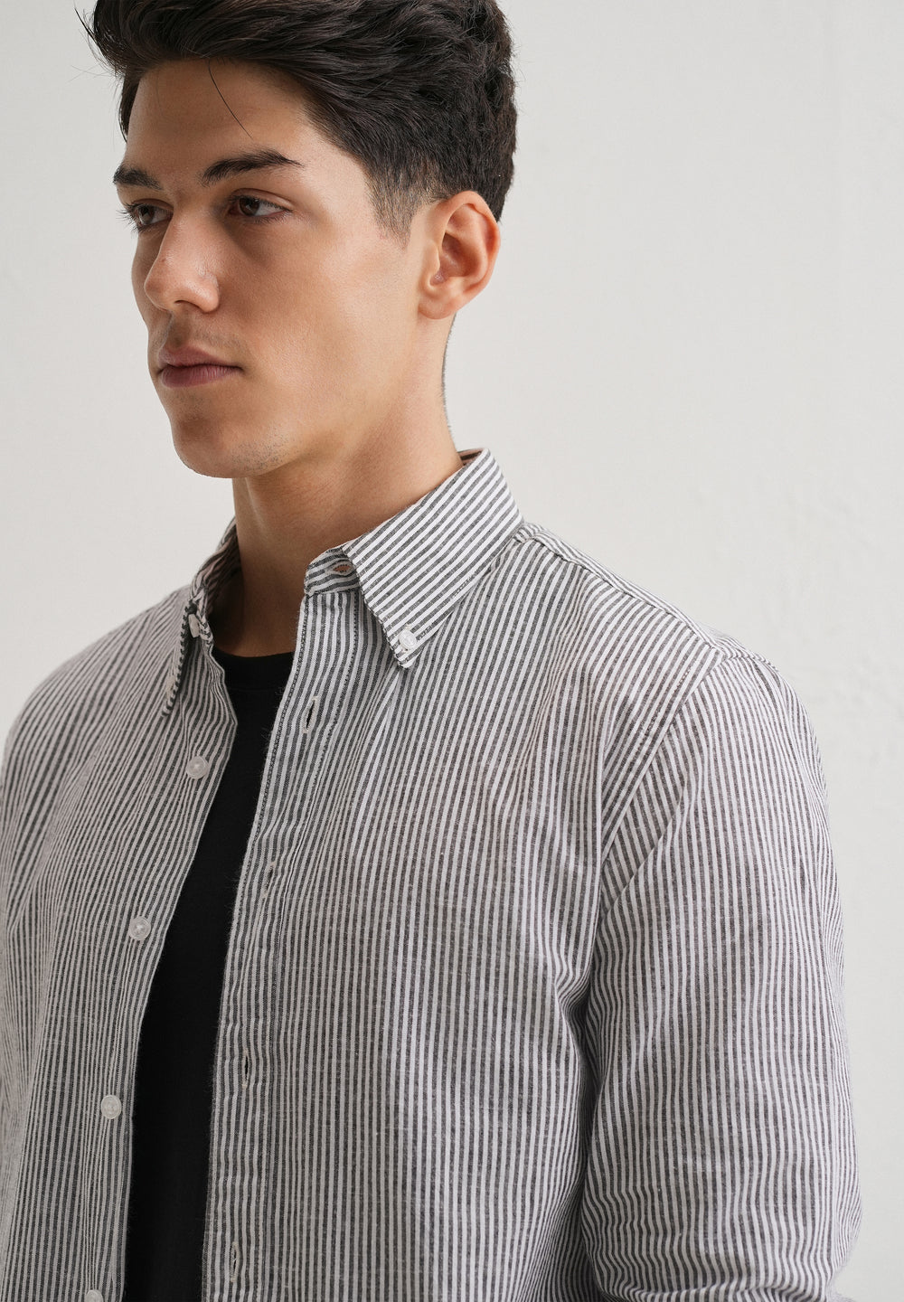 Black Striped Cotton Linen Shirt