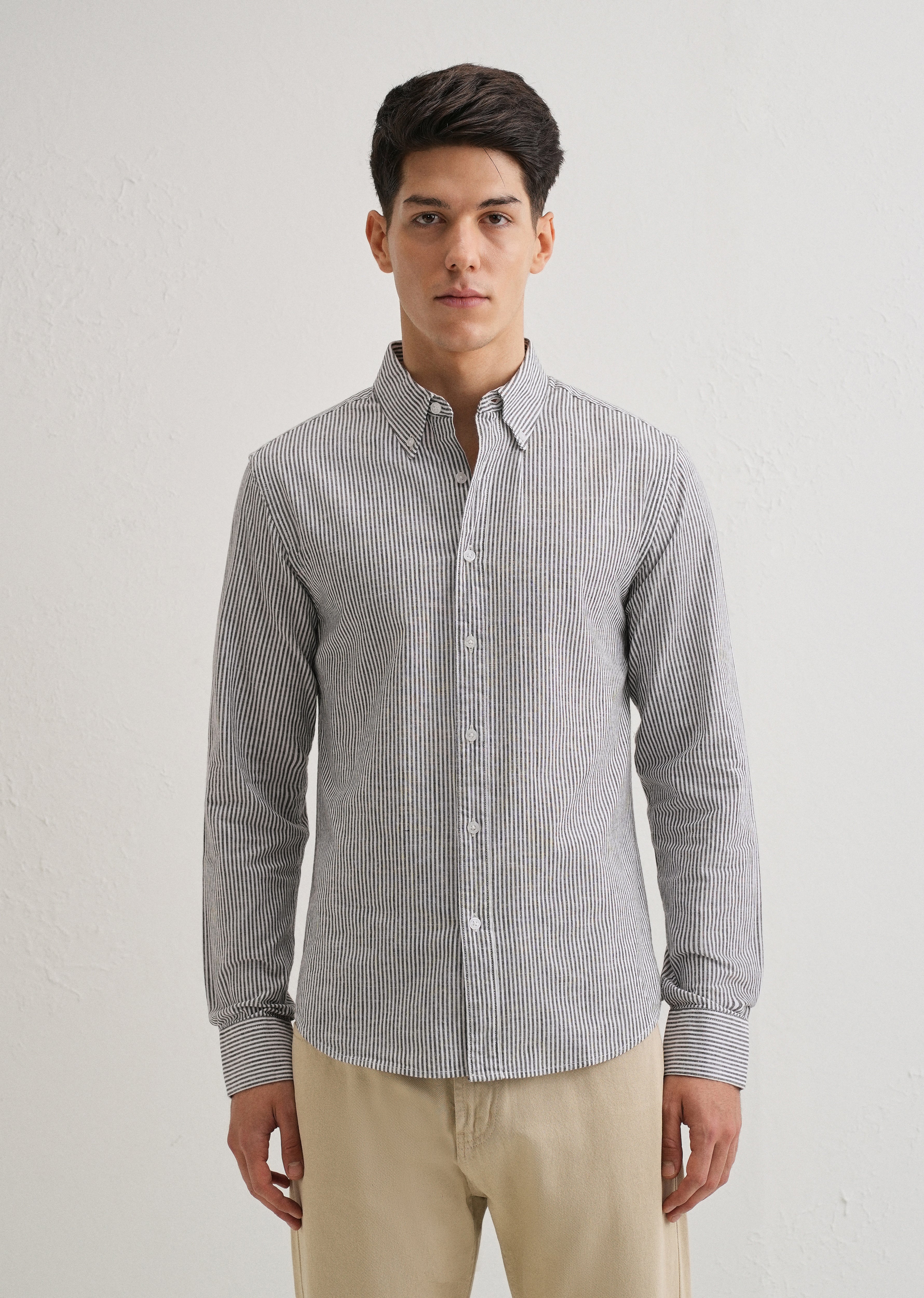 Black Striped Cotton Linen Shirt