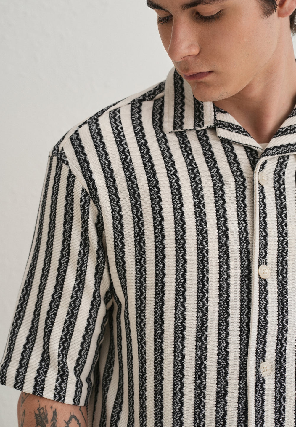 Black Striped Knit Cuban Collar Shirt