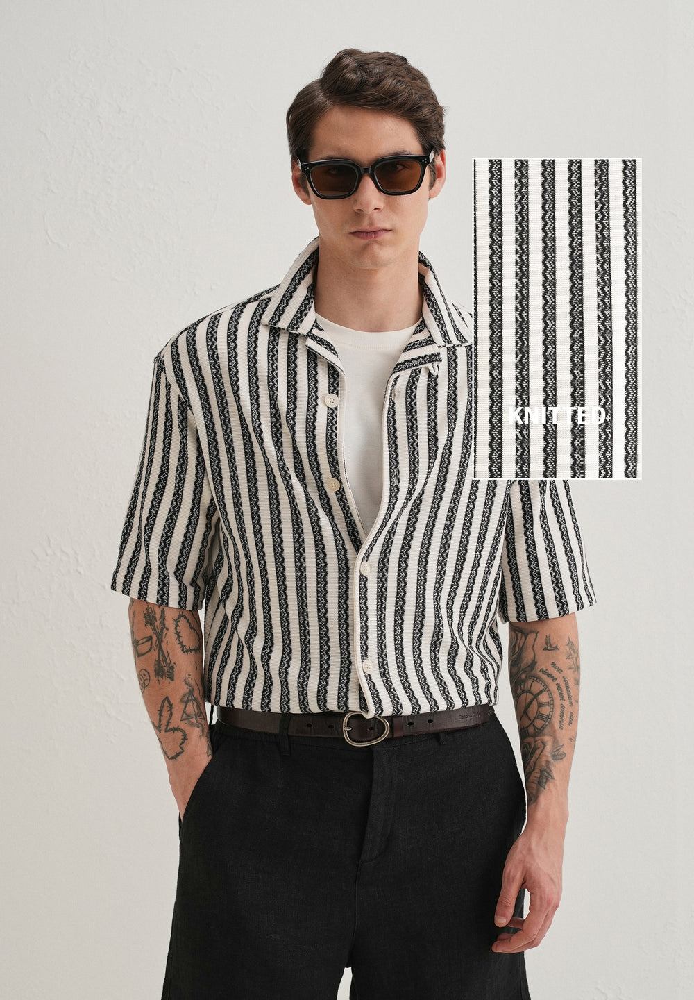 Black Striped Knit Cuban Collar Shirt