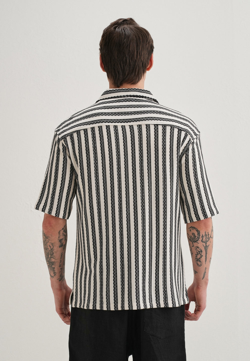 Black Striped Knit Cuban Collar Shirt