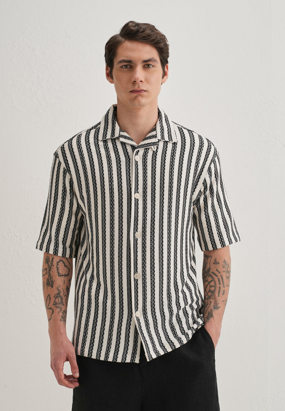 Black Striped Knit Cuban Collar Shirt