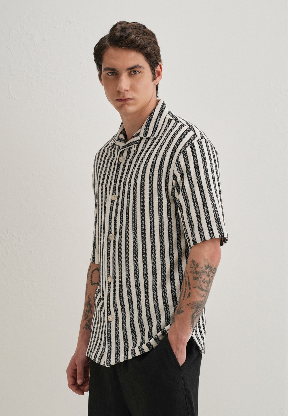 Black Striped Knit Cuban Collar Shirt