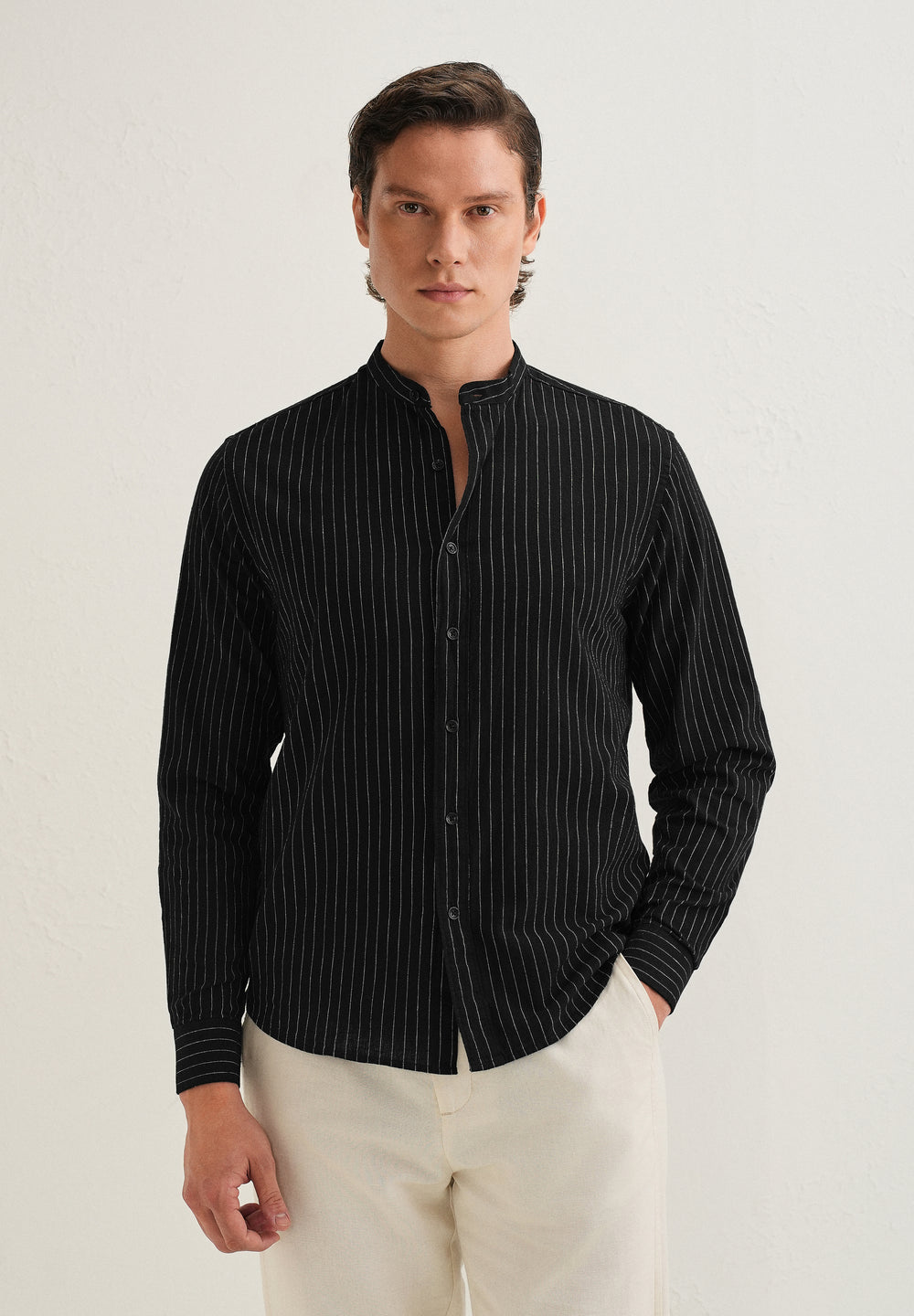Black Striped Mandarin Collar Cotton Shirt