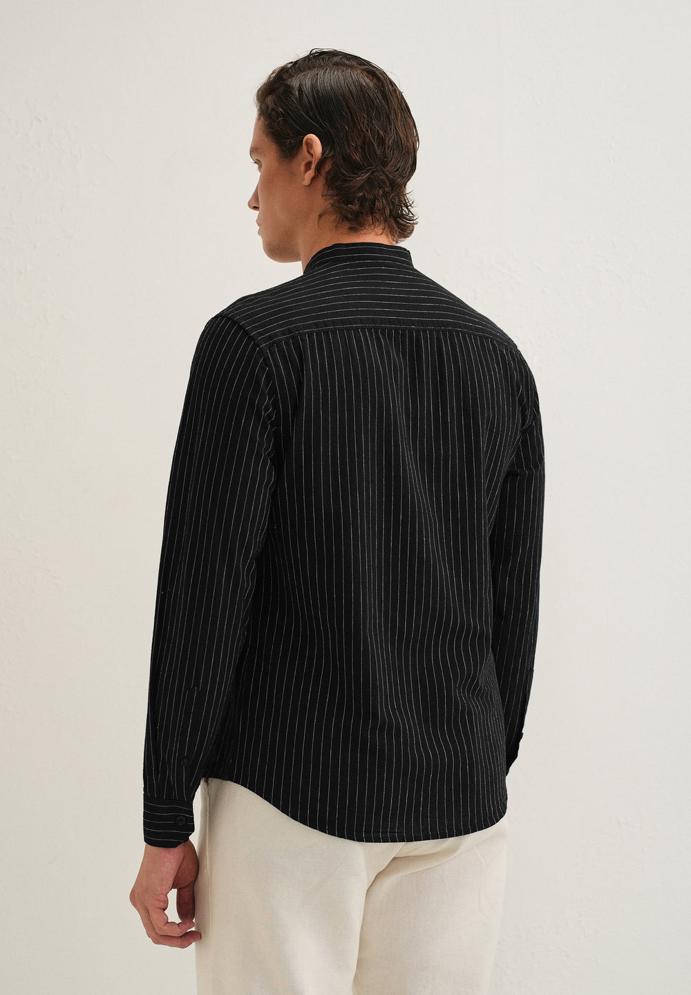 Black Striped Mandarin Collar Cotton Shirt