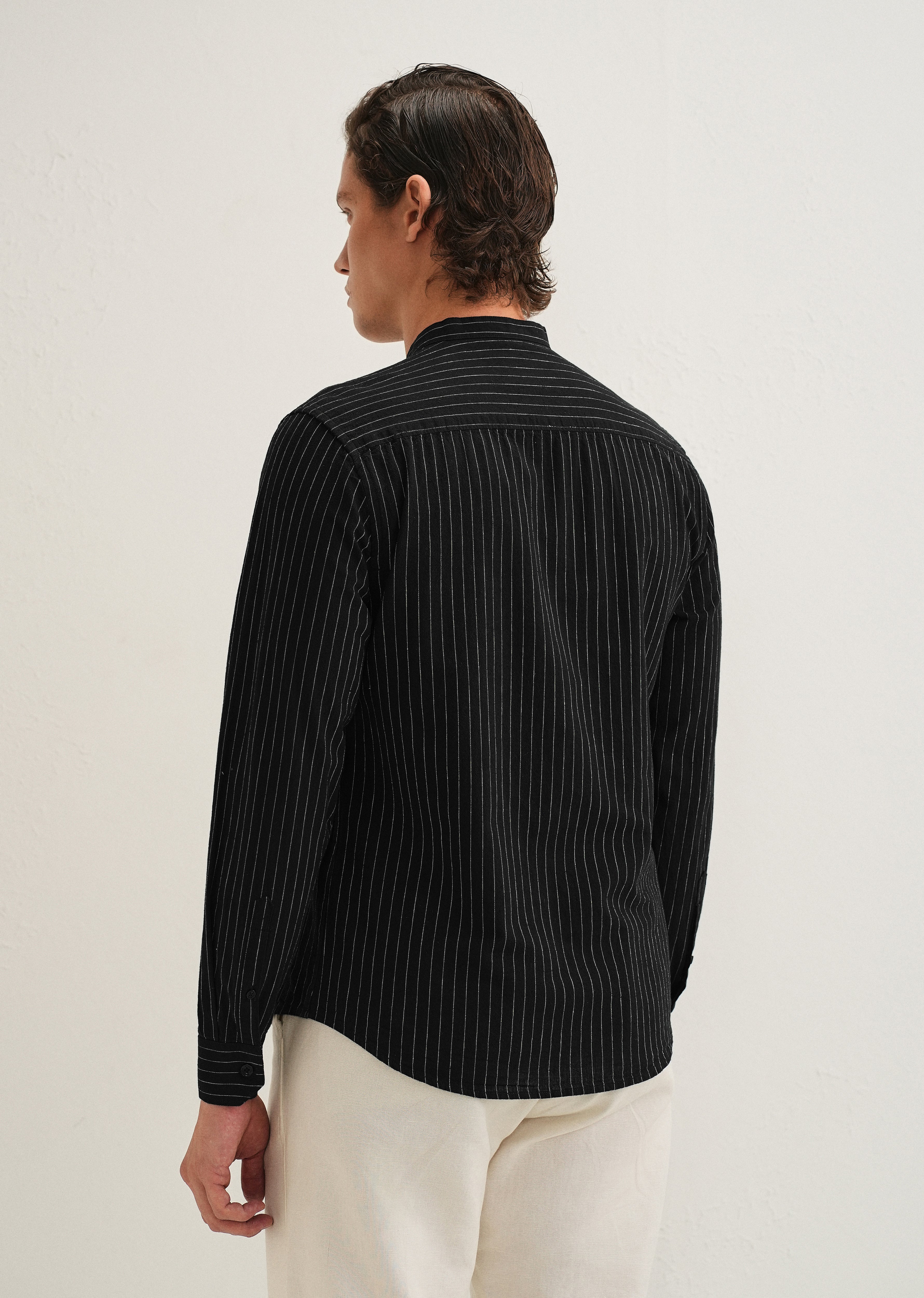 Black Striped Mandarin Collar Cotton Shirt