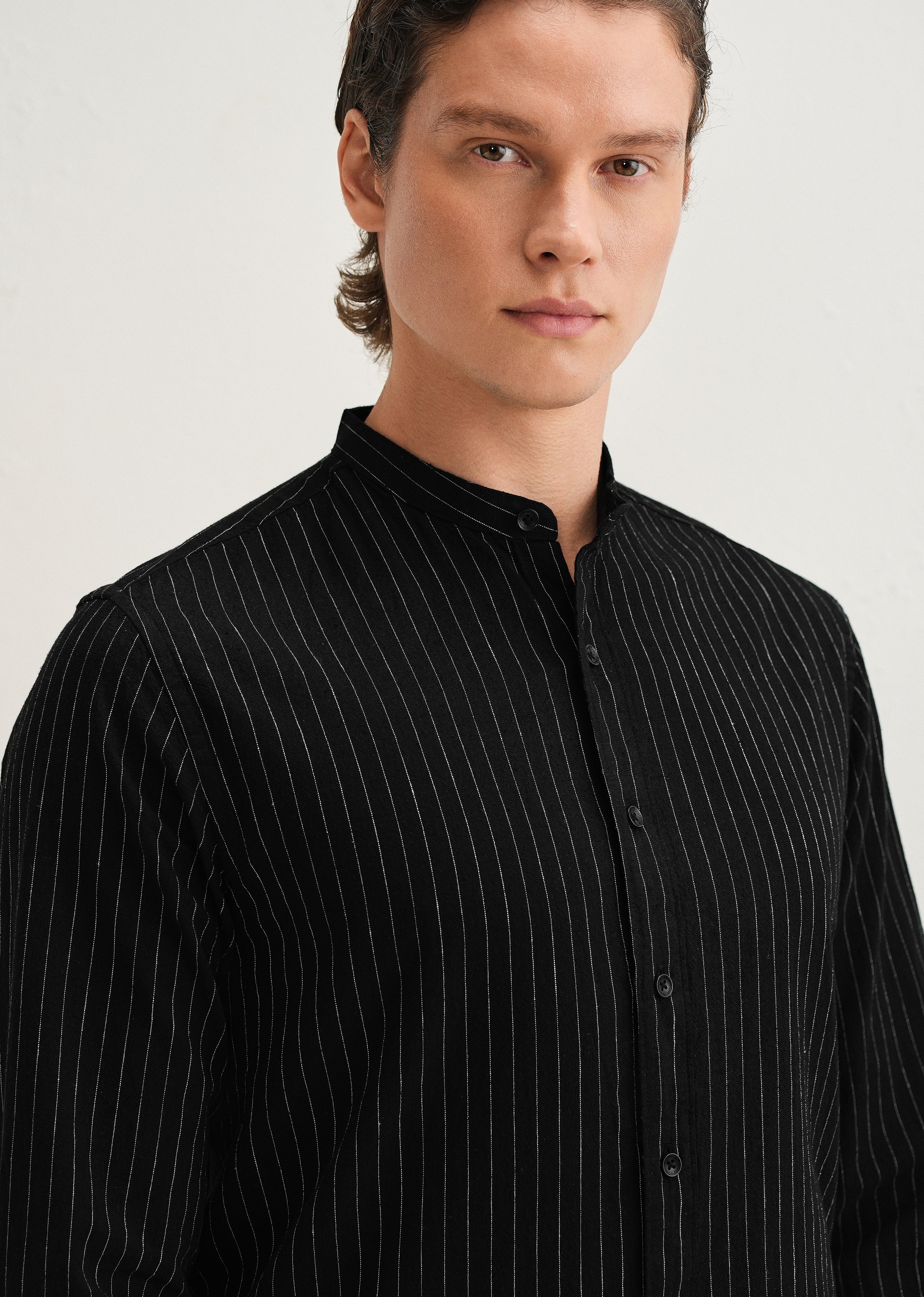 Black Striped Mandarin Collar Cotton Shirt