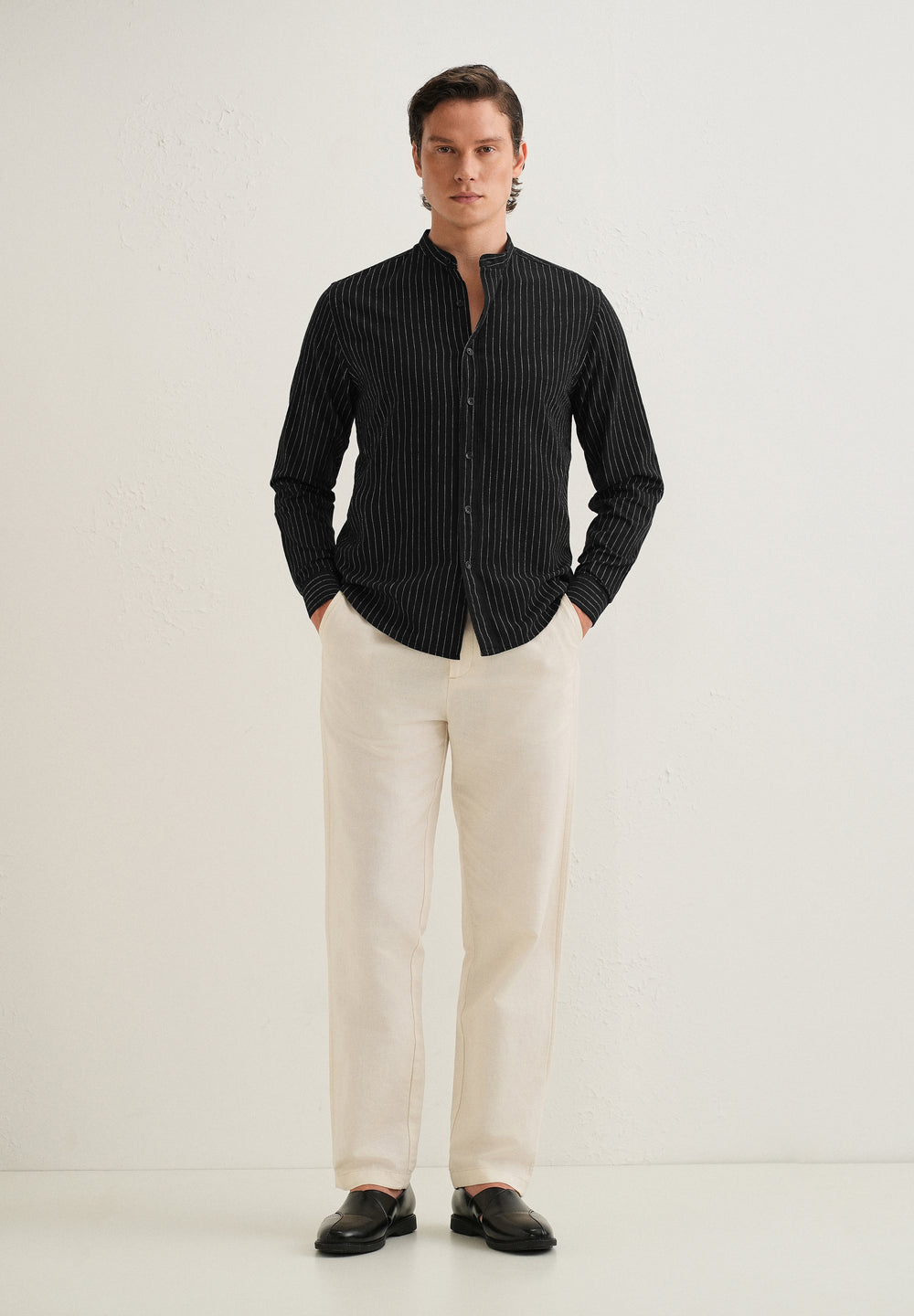 Black Striped Mandarin Collar Cotton Shirt