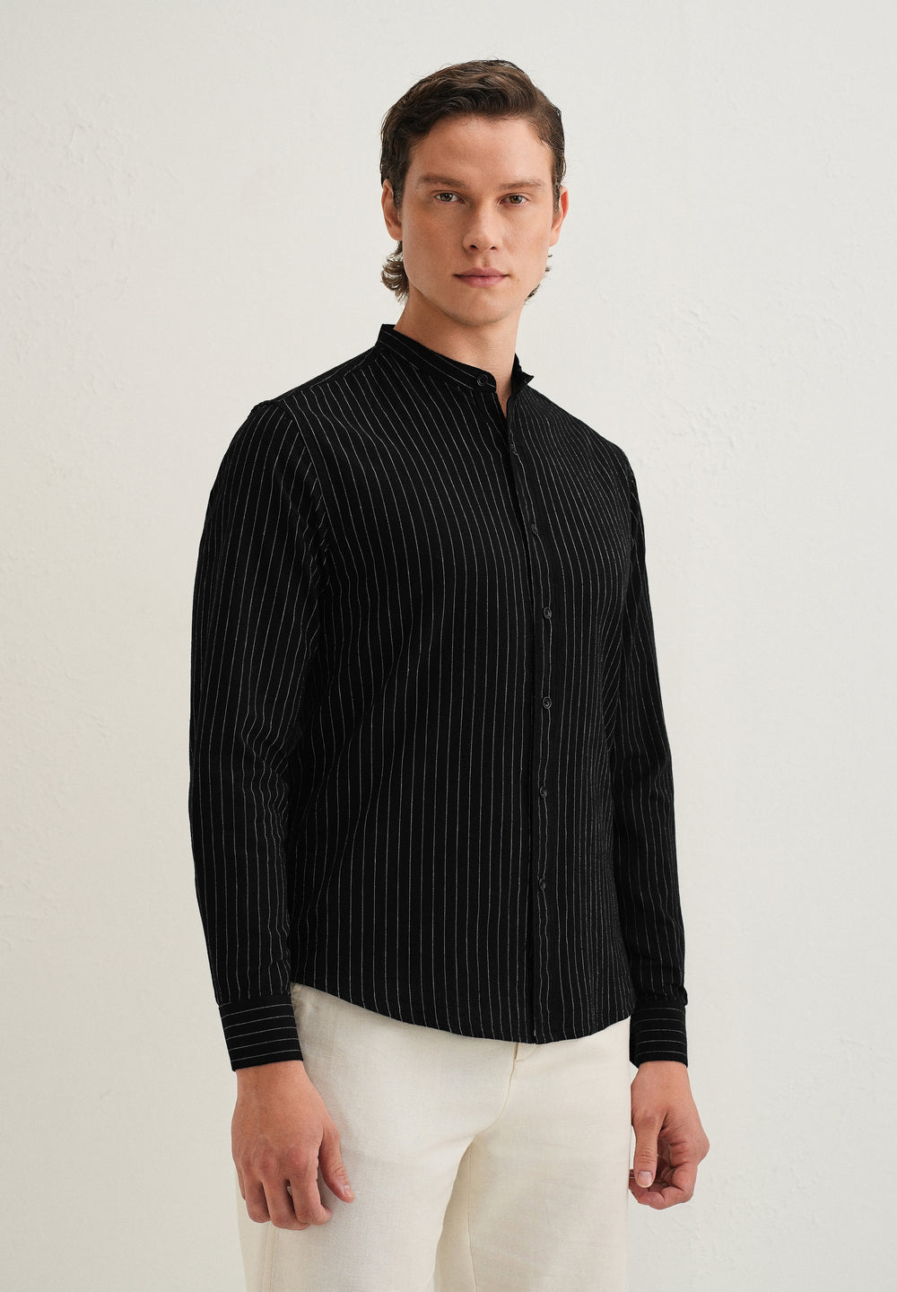Black Striped Mandarin Collar Cotton Shirt