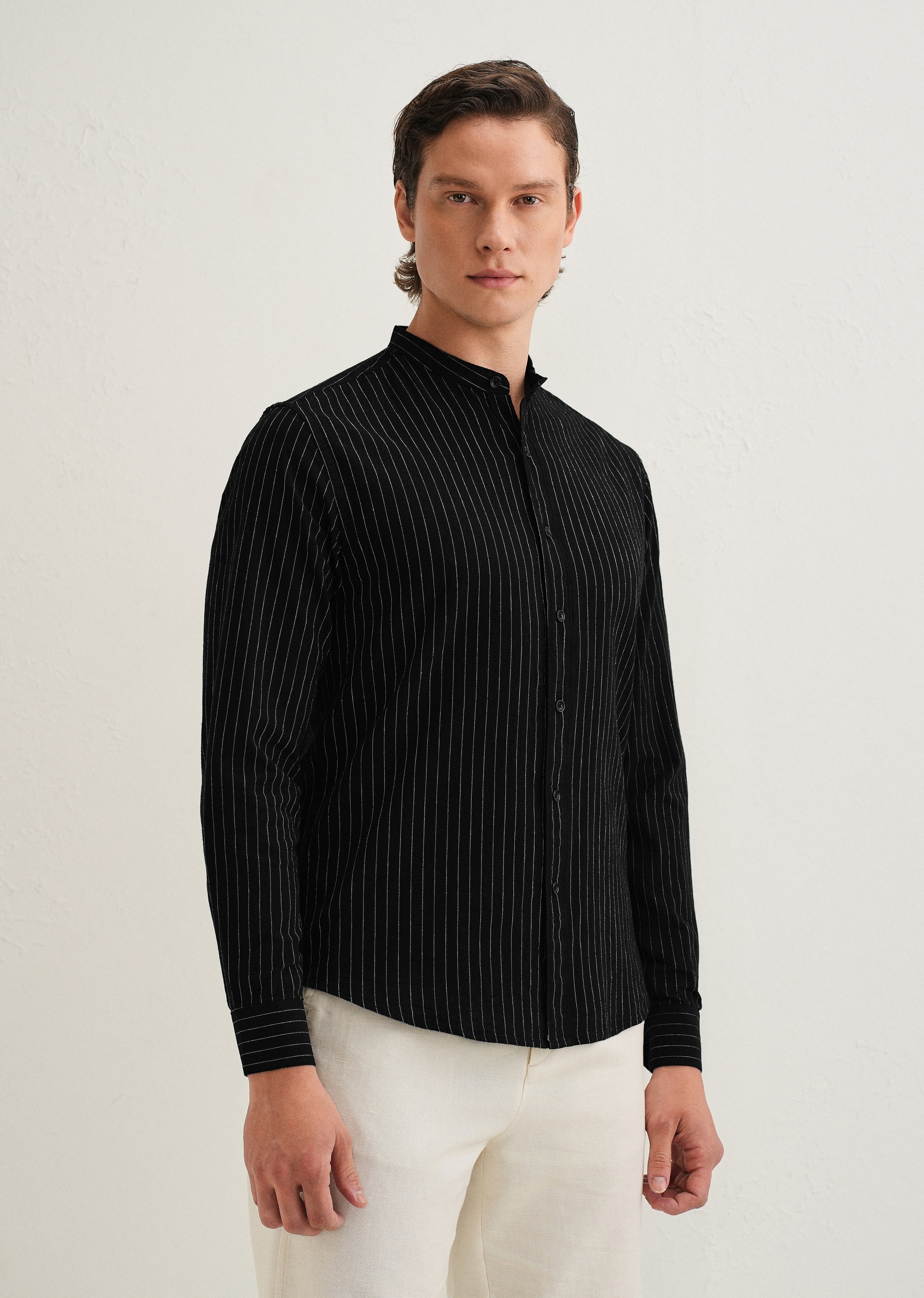 Black Striped Mandarin Collar Cotton Shirt