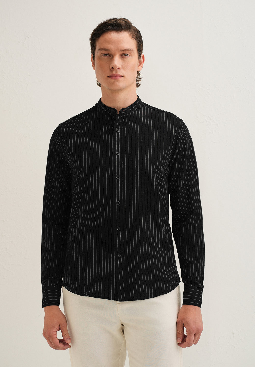 Black Striped Mandarin Collar Cotton Shirt