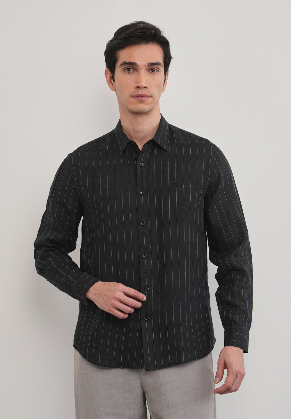 Black Striped Pure Linen Shirt