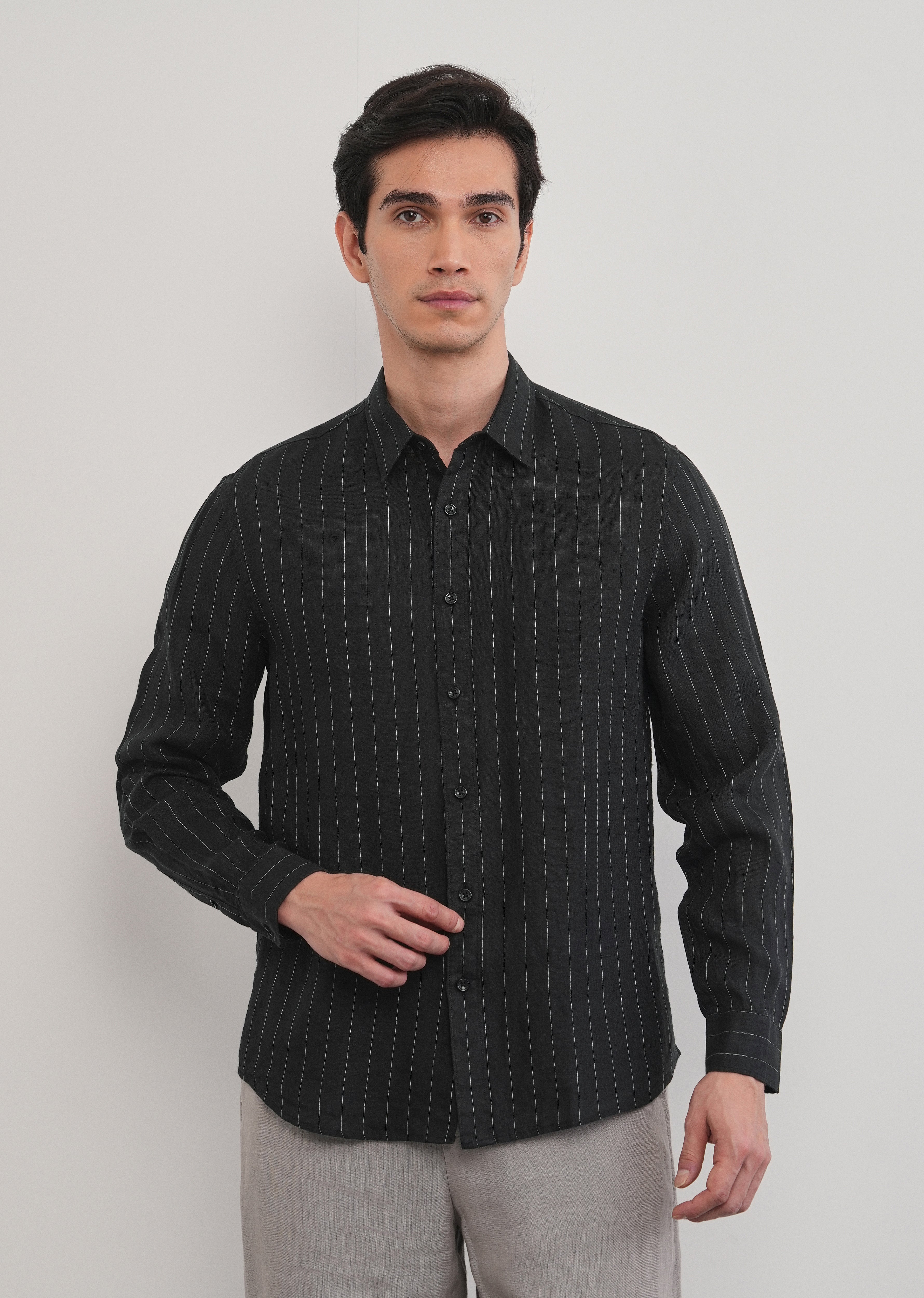 Black Striped Pure Linen Shirt