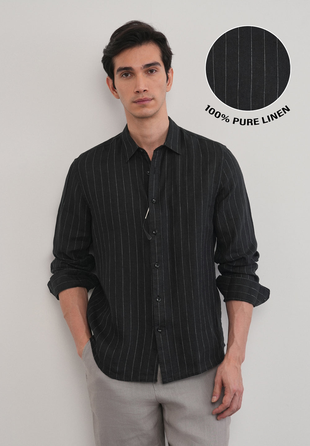 Black Striped Pure Linen Shirt