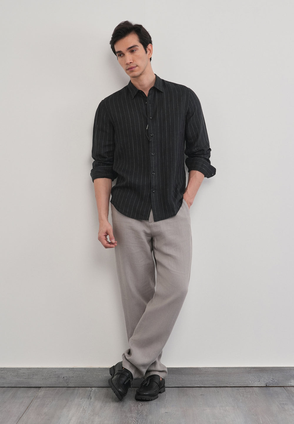 Black Striped Pure Linen Shirt