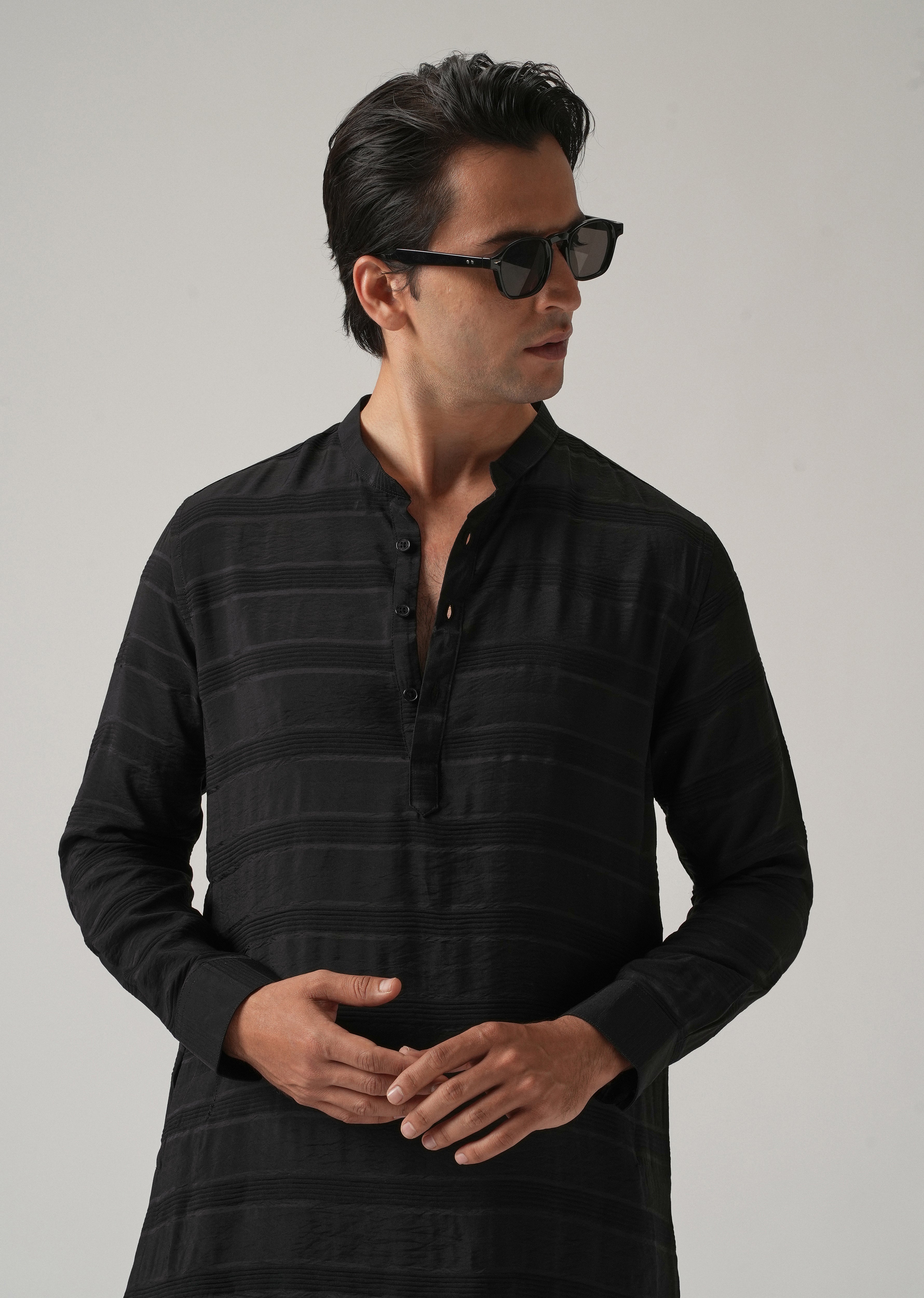 Black Subtle Nylon Stripe Kurta