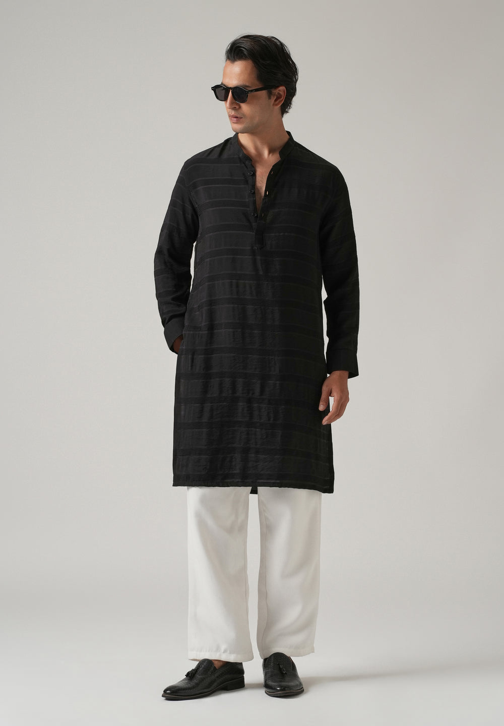 Black Subtle Nylon Stripe Kurta