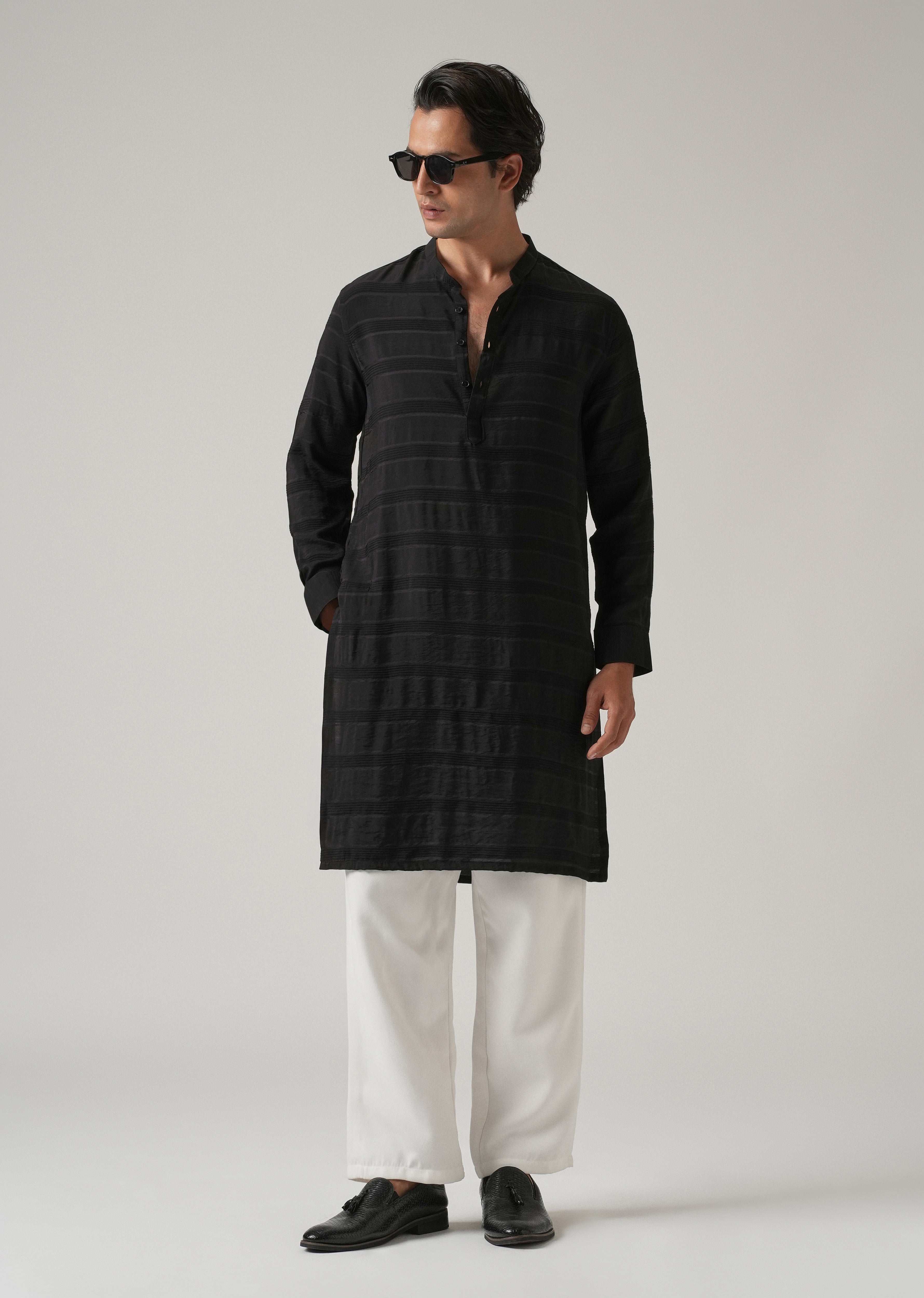 Black Subtle Nylon Stripe Kurta