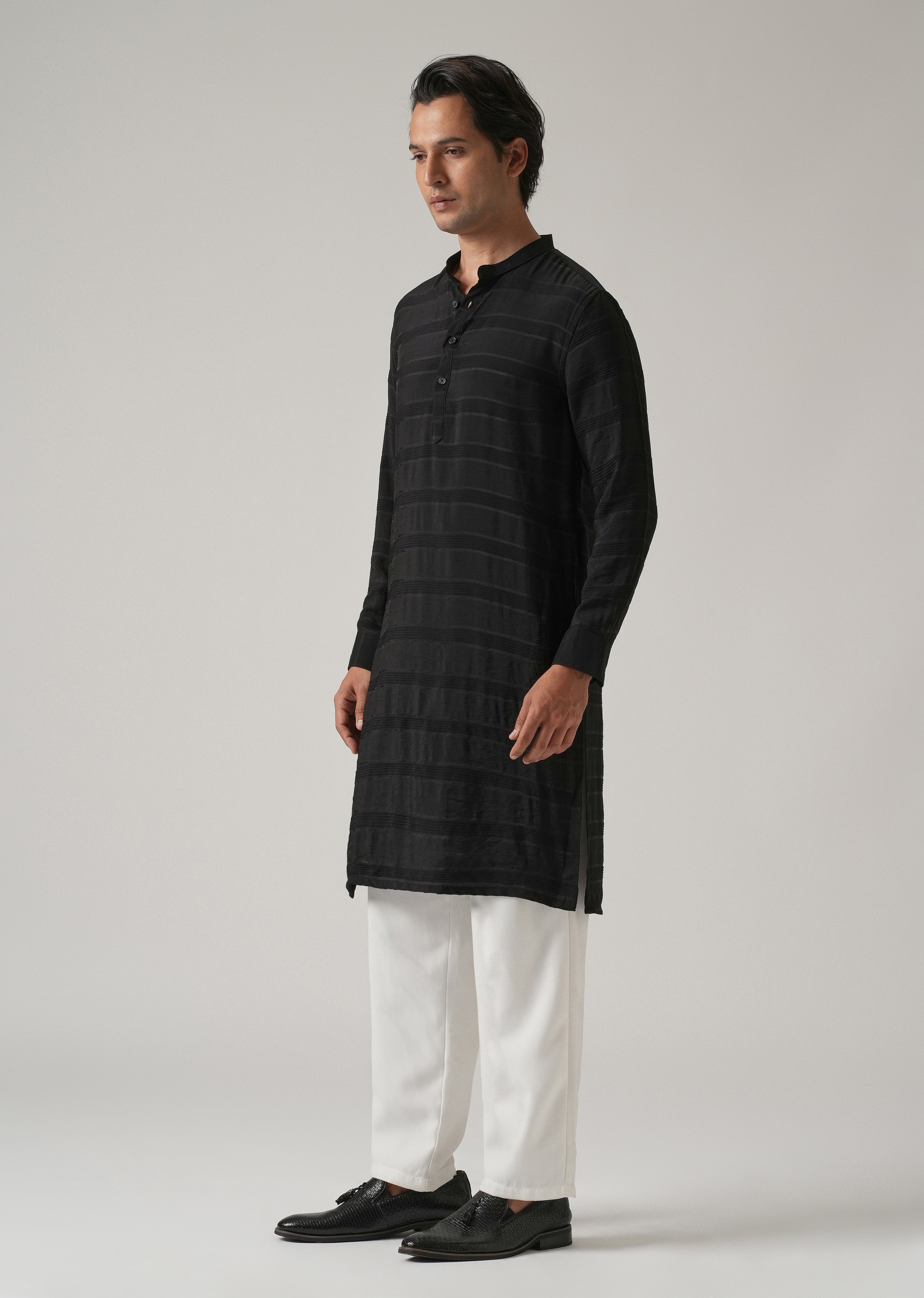 Black Subtle Nylon Stripe Kurta