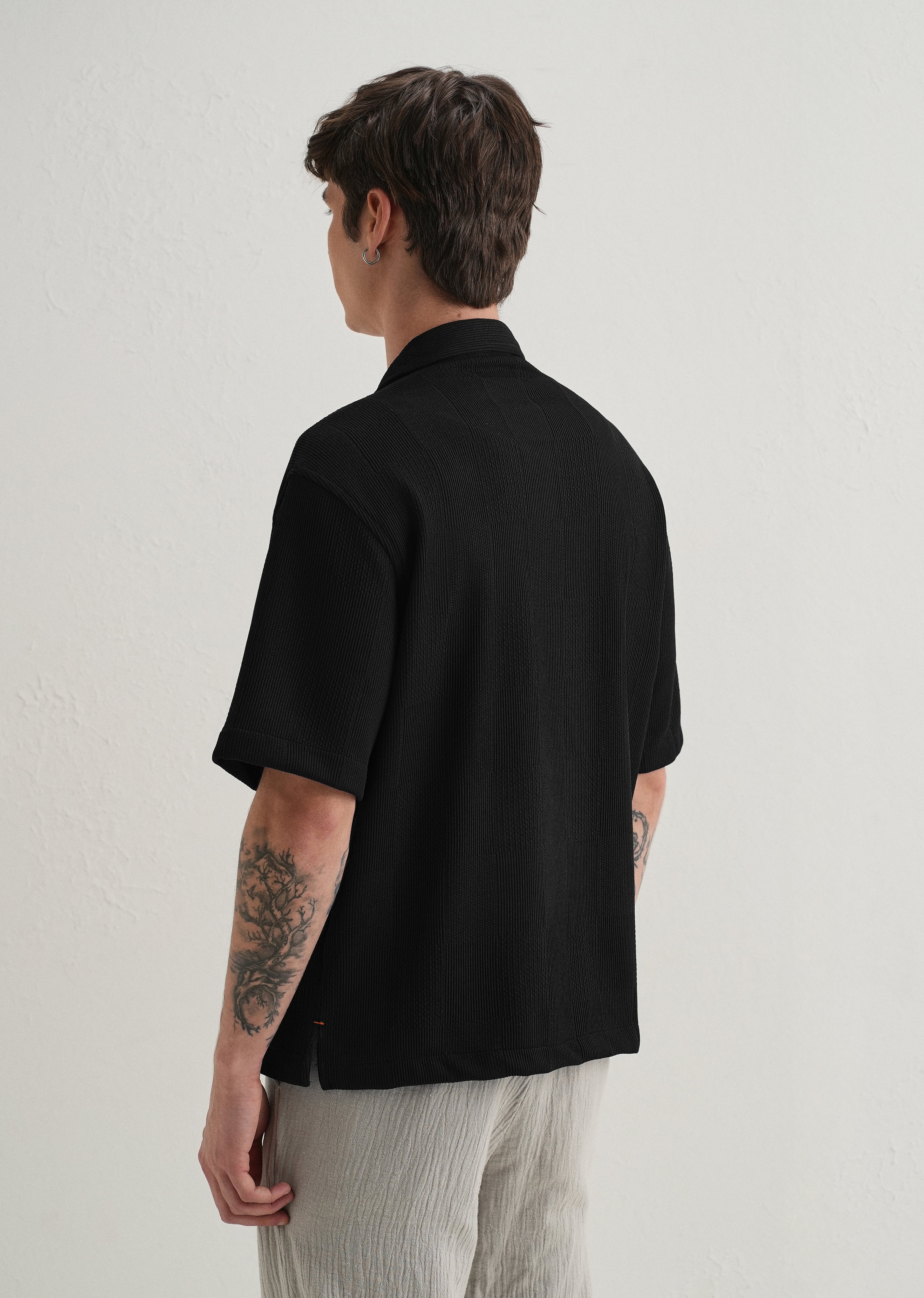 Black Textured Check Knit Shirt