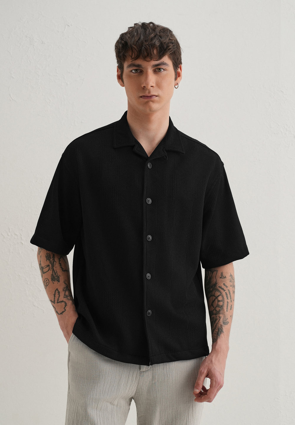 Black Textured Check Knit Shirt