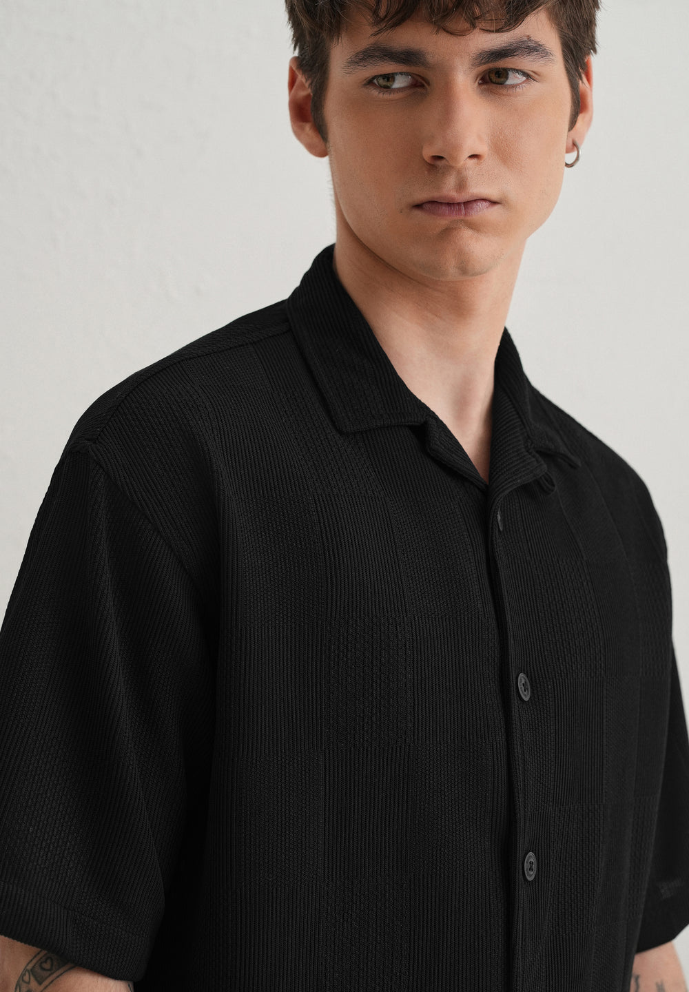 Black Textured Check Knit Shirt