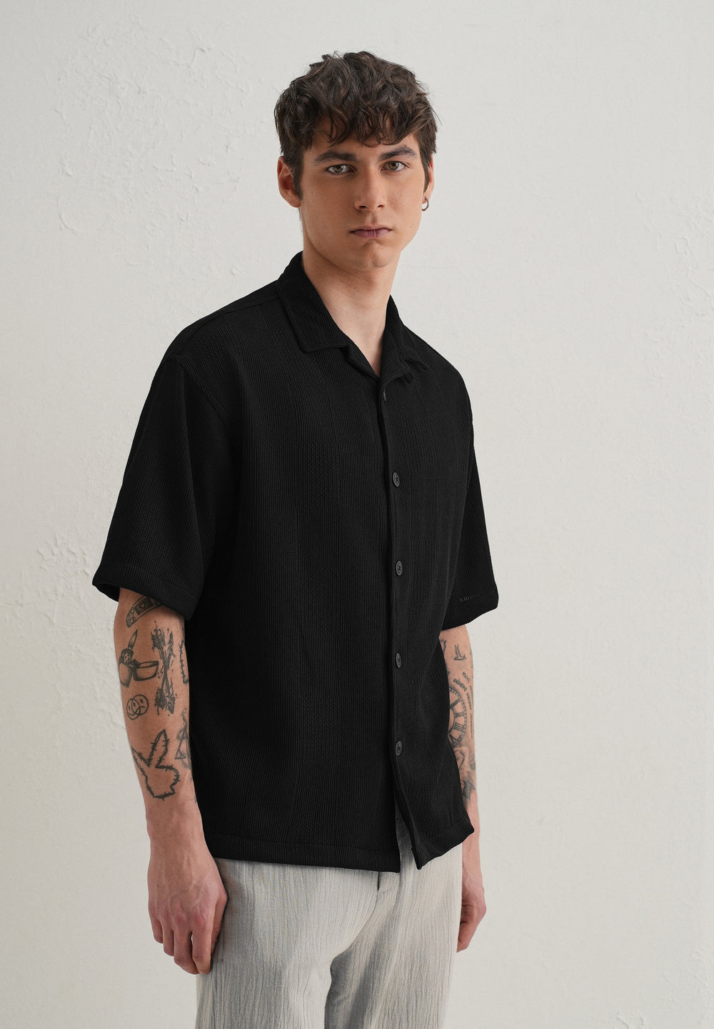 Black Textured Check Knit Shirt