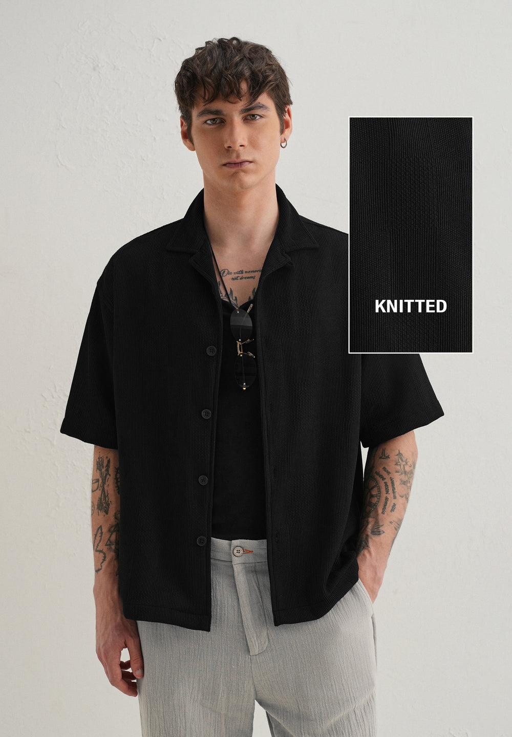 Black Textured Check Knit Shirt