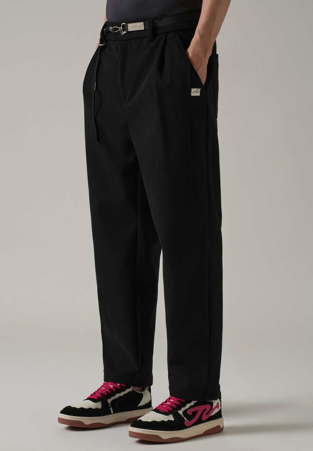 Black Textured Corduroy Belt Pant